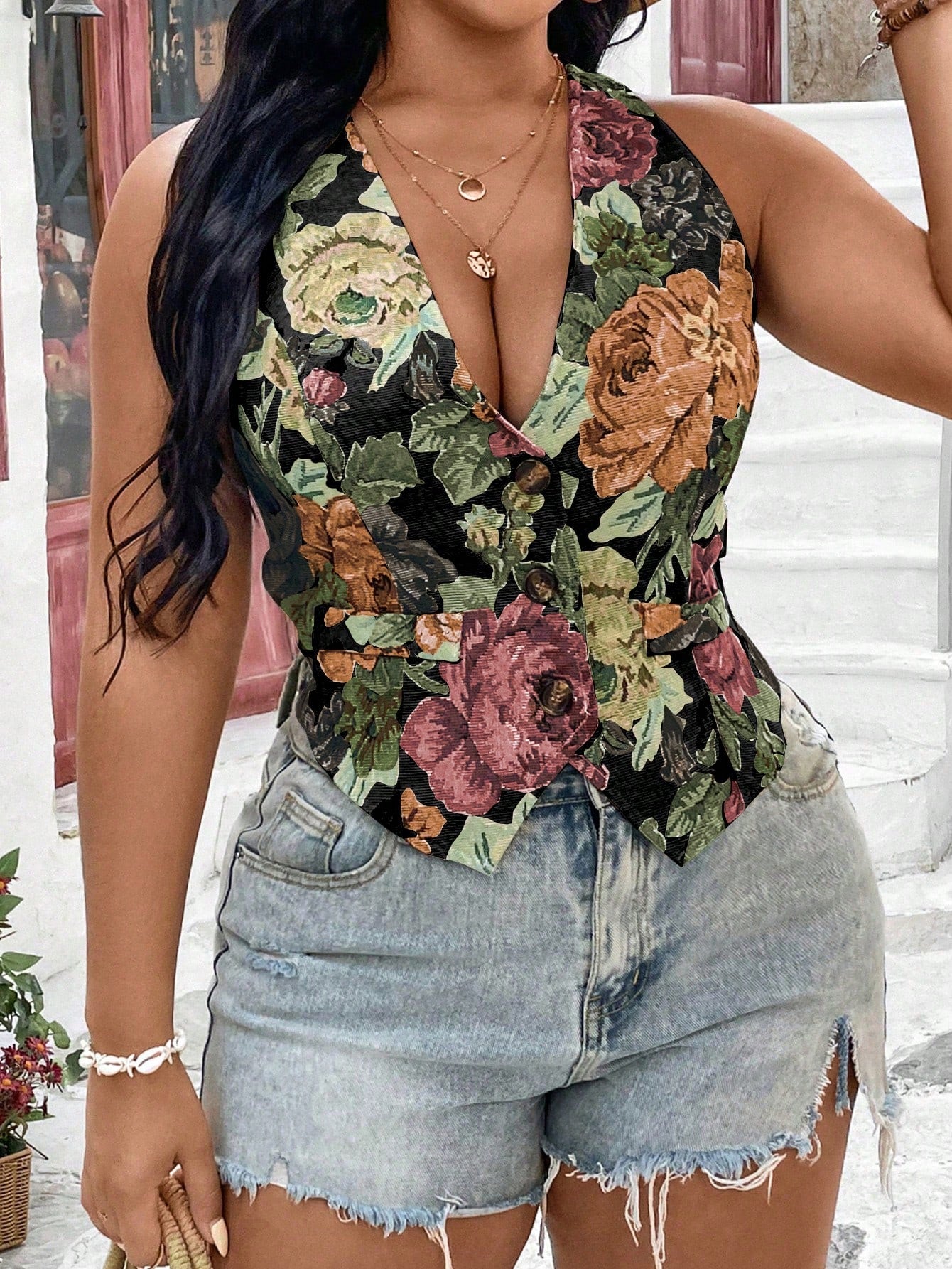 Frenchy Plus Size Women's Floral Jacquard Suit Vest Jacket