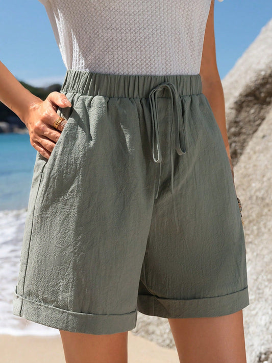 Elastic Waist Tie Rolled Hem Slant Pocket Casual Shorts Summer Green Shorts Cotton Women Shorts