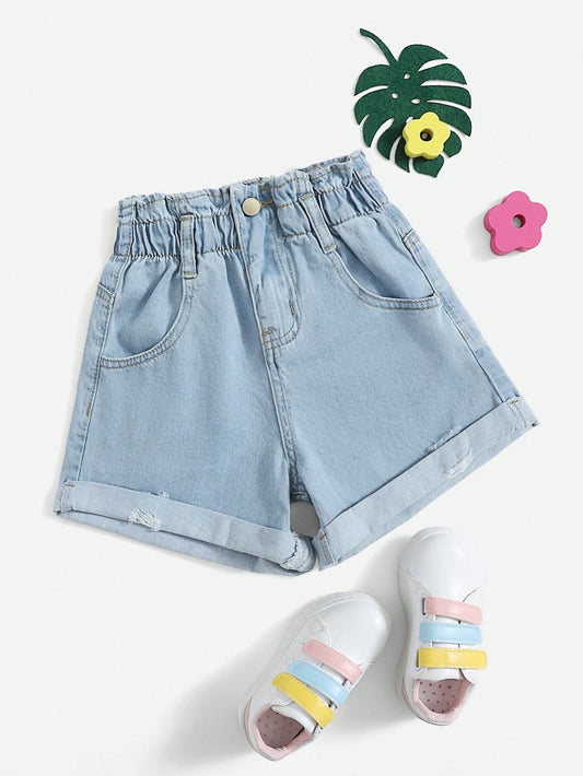 Tween Girl Paperbag Waist Ripped Denim Shorts