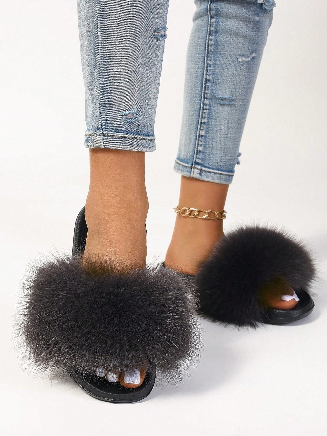 Women Summer Faux Fur Resistant Fluffy Outdoor Flat Sandals Casual Office Home Slippers