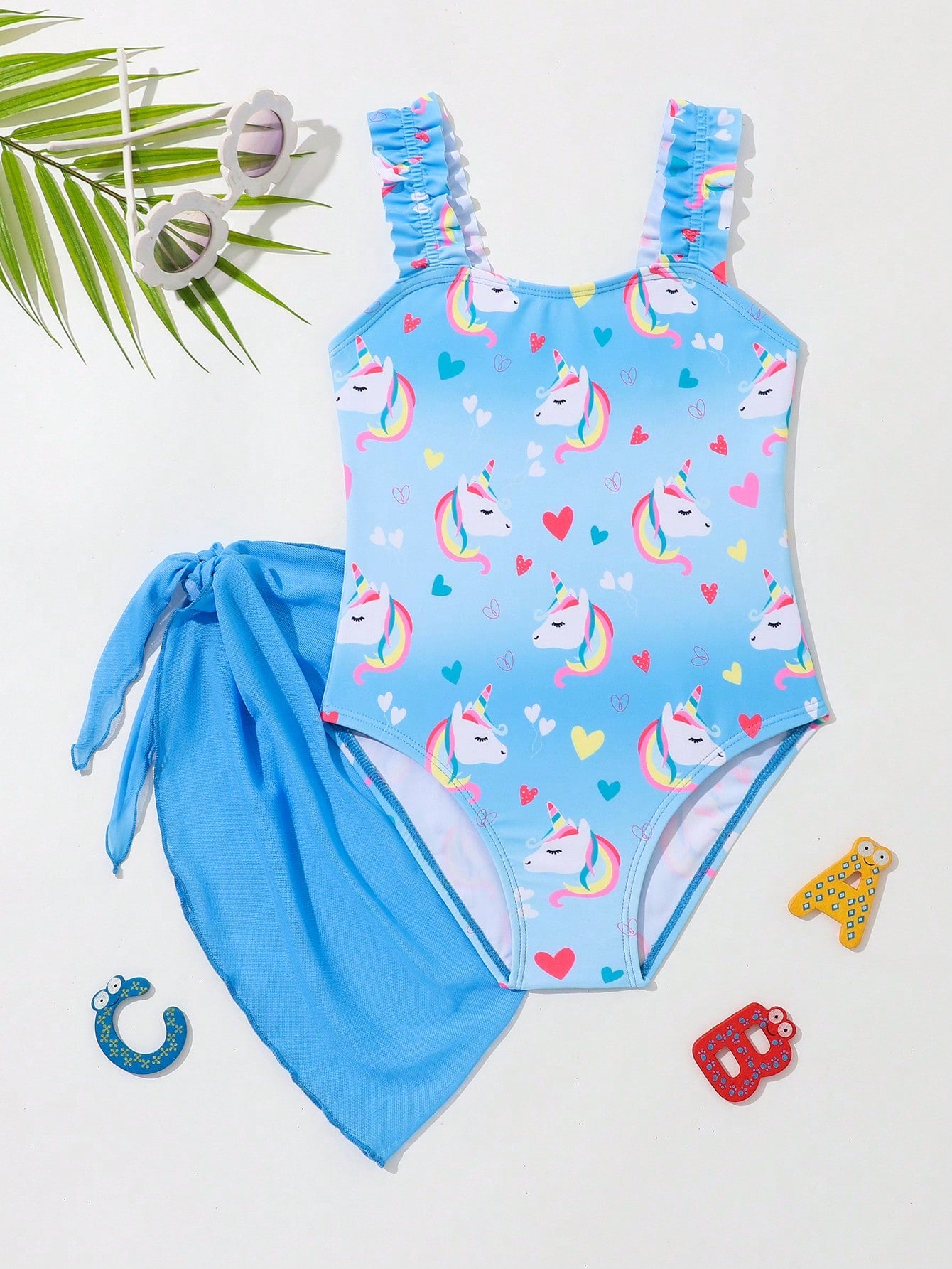 Young Girl Unicorn Printed One Piece Swimsuit With Strap And Matching Cover-Up