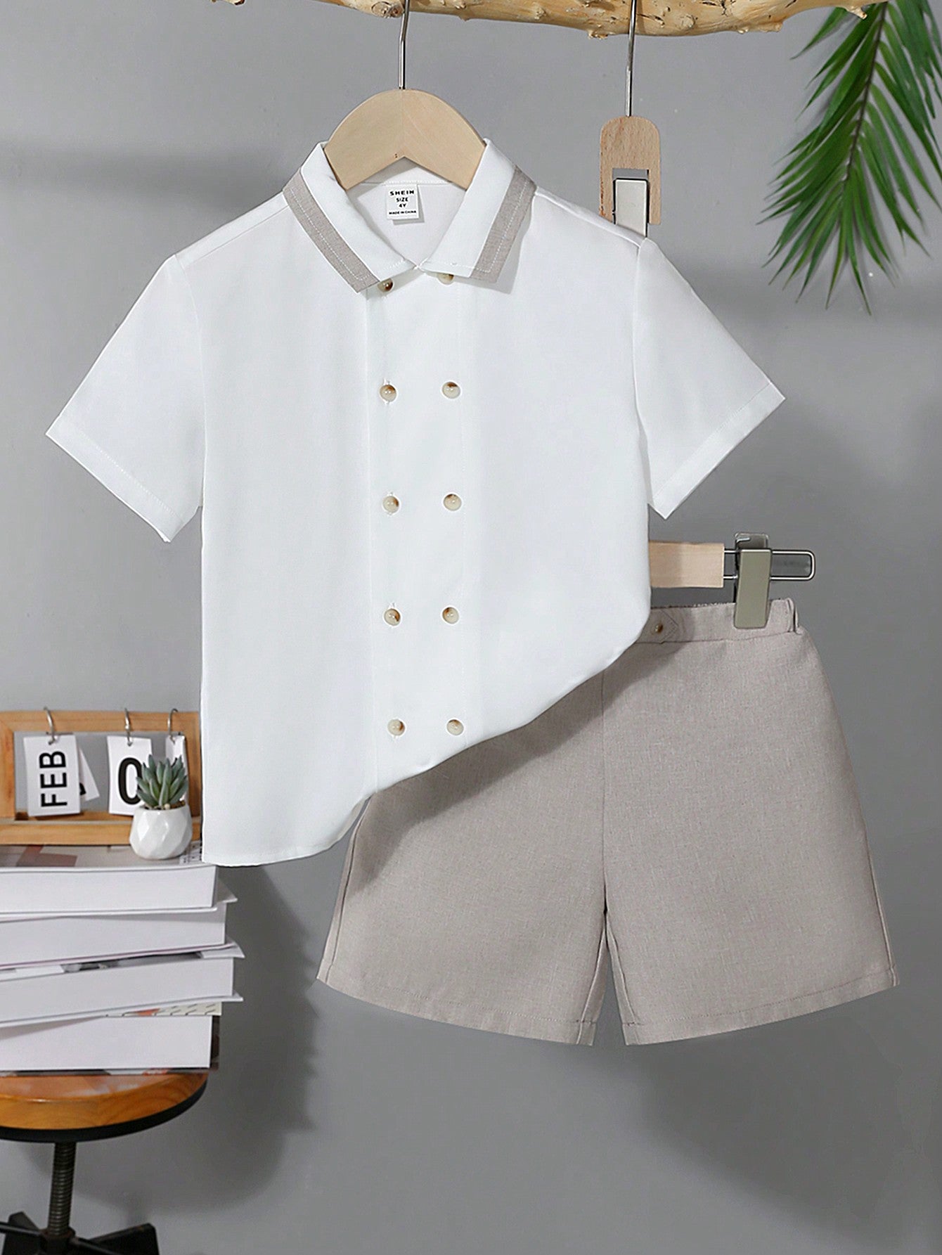 Young Boy Handsome Suit, Elegant Double-Breasted Floral Dress Shirt And Shorts Set With Gentlemen Style Collar