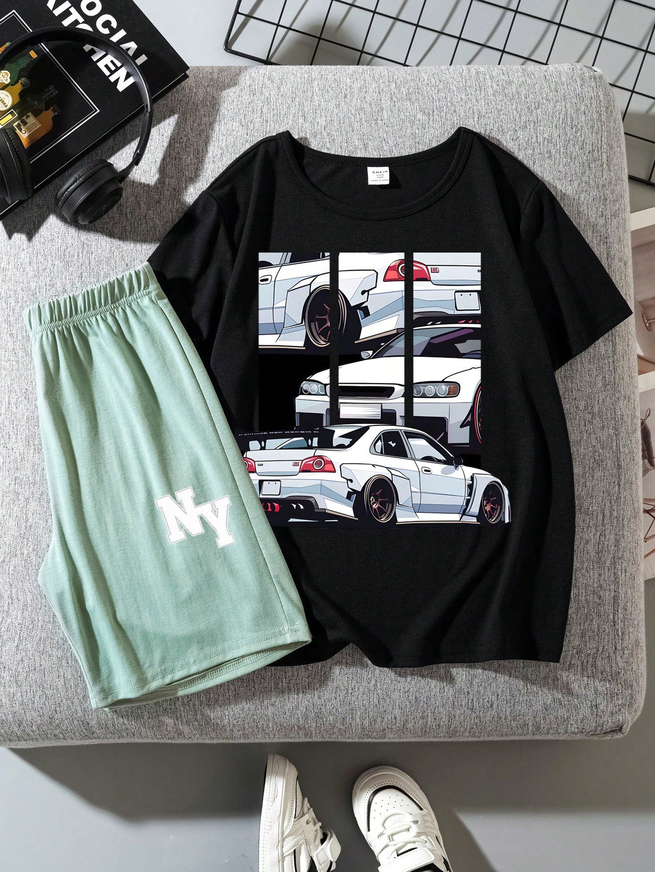 Tween Boy Casual Simple Car Pattern Round Neck Short Sleeve T-Shirt And Letter Print Shorts Suit For Summer