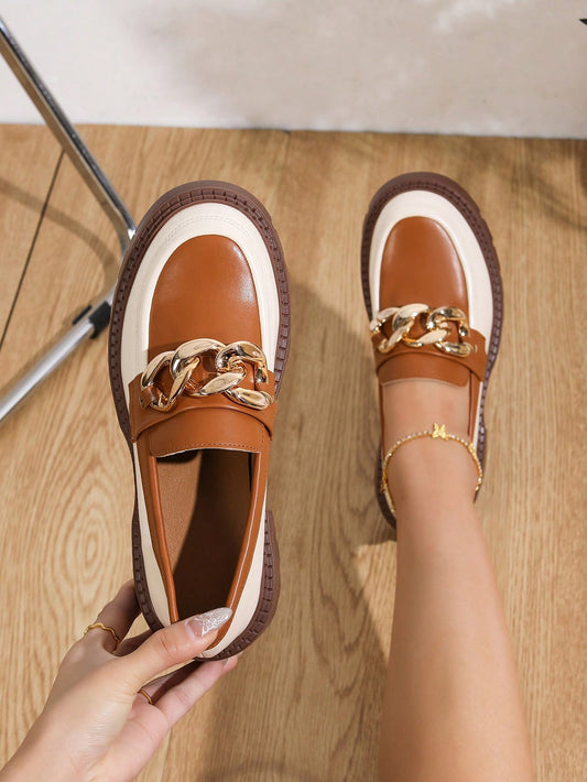 Women's Loafers With Buckle Decoration, Rubber Sole, Spring And Autumn Style, Thick Bottom Shoes