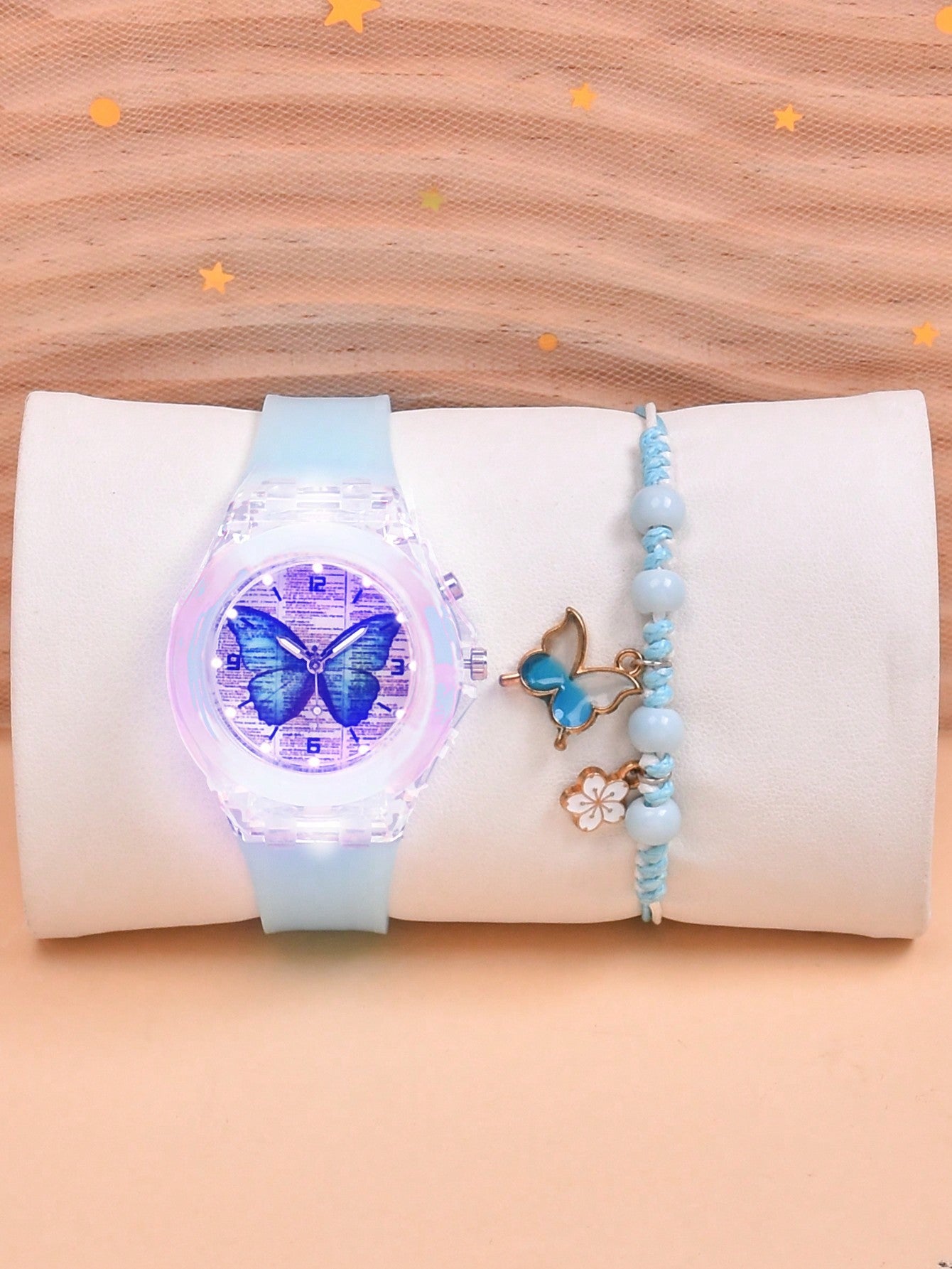 1pc Girls Butterfly Pattern Silicone Strap Cute Luminous Round Dial Quartz Watch & 1pc Beaded Bracelet, For Daily Life