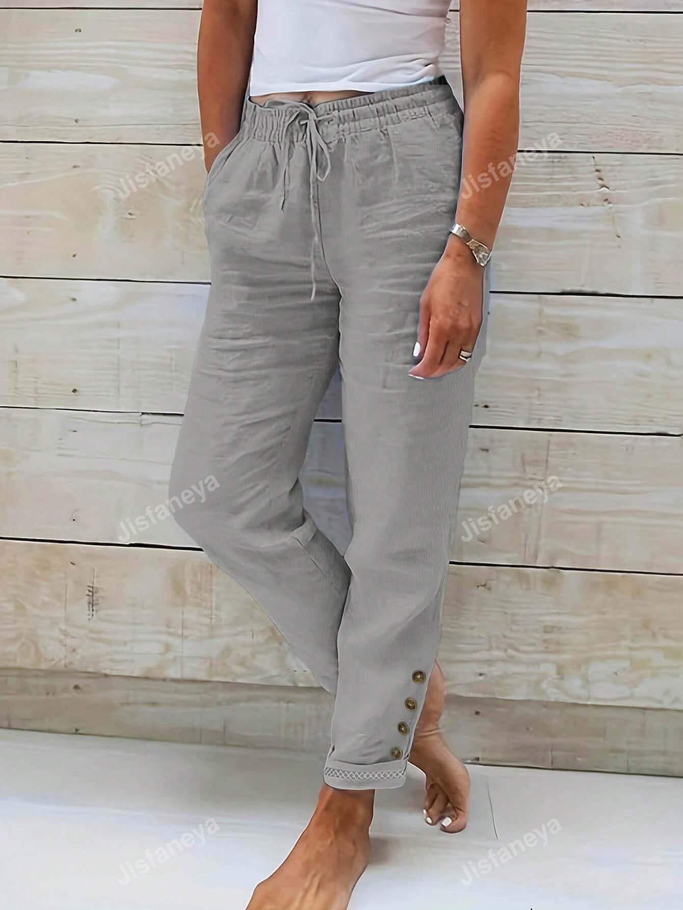 Solid Color Button & Drawstring Detail Waist Pants