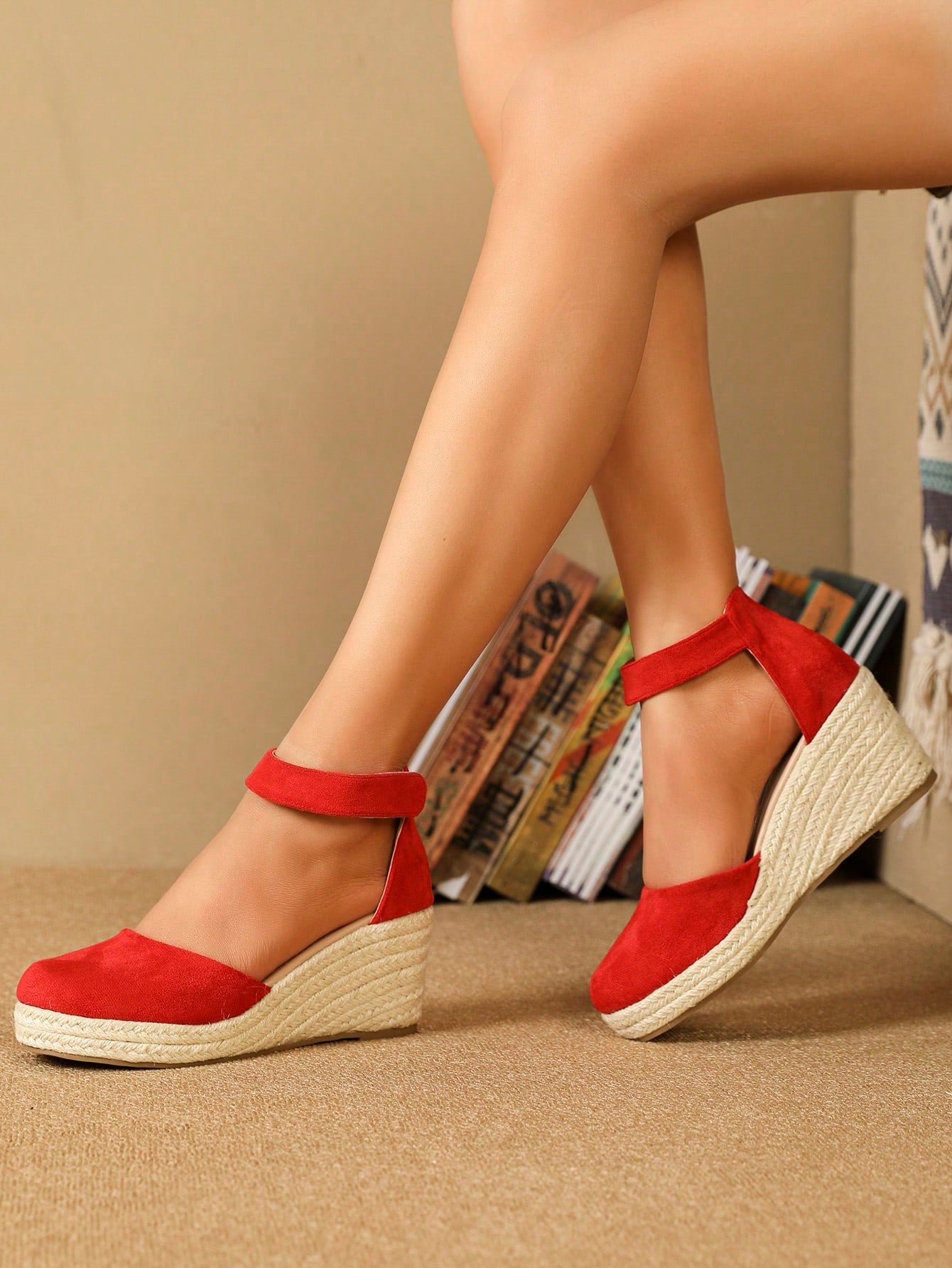 Vacation Black Shoes For Women, Ankle Strap Espadrille Wedge Court Shoes