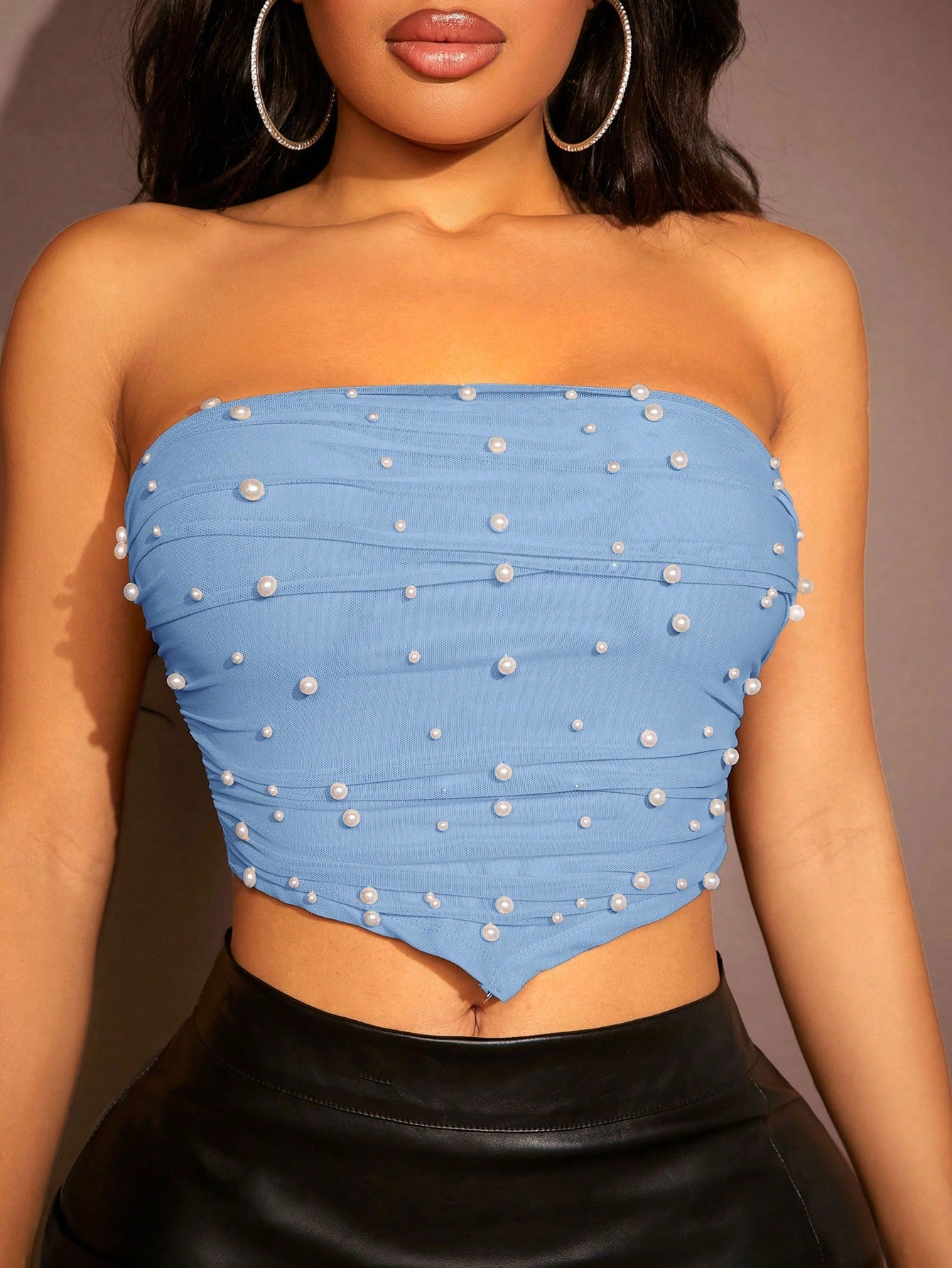 Pearls Beaded Bandana Hem Crop Tube Top