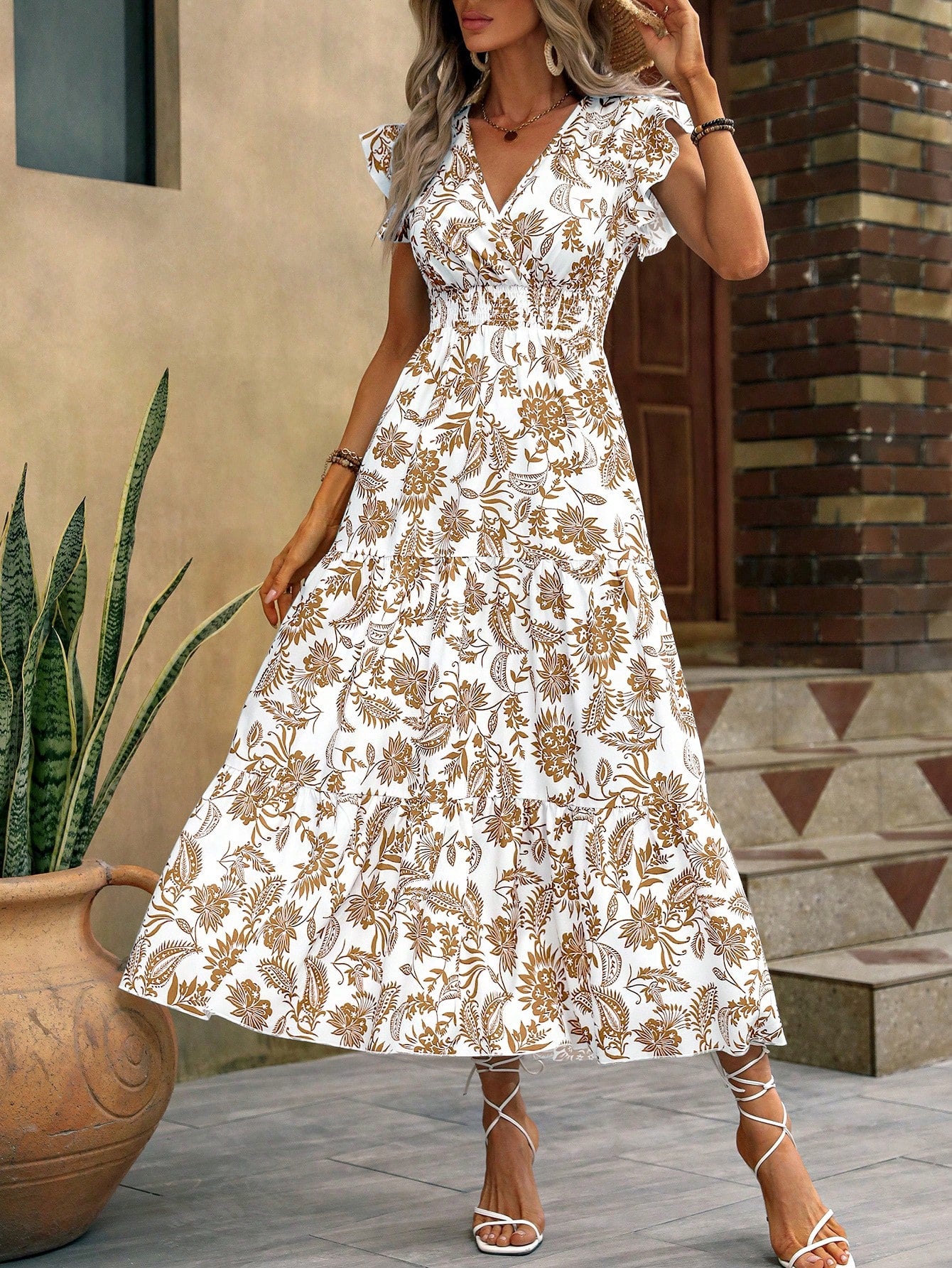 Floral Print Butterfly Sleeve Ruffle Hem Dress