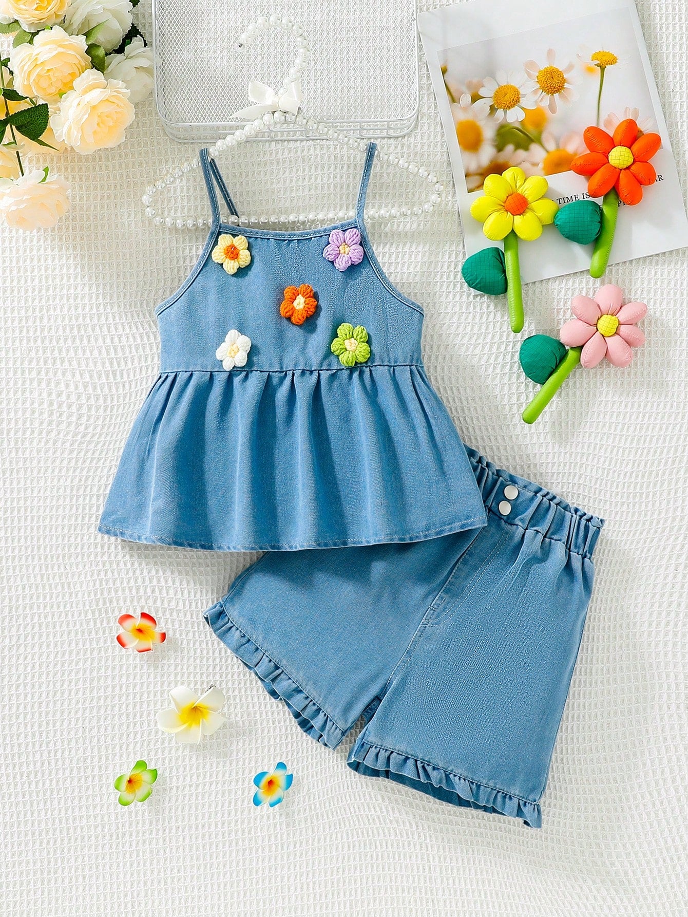 Tween Girl Fun 3d Flower Tank Top And Denim Set