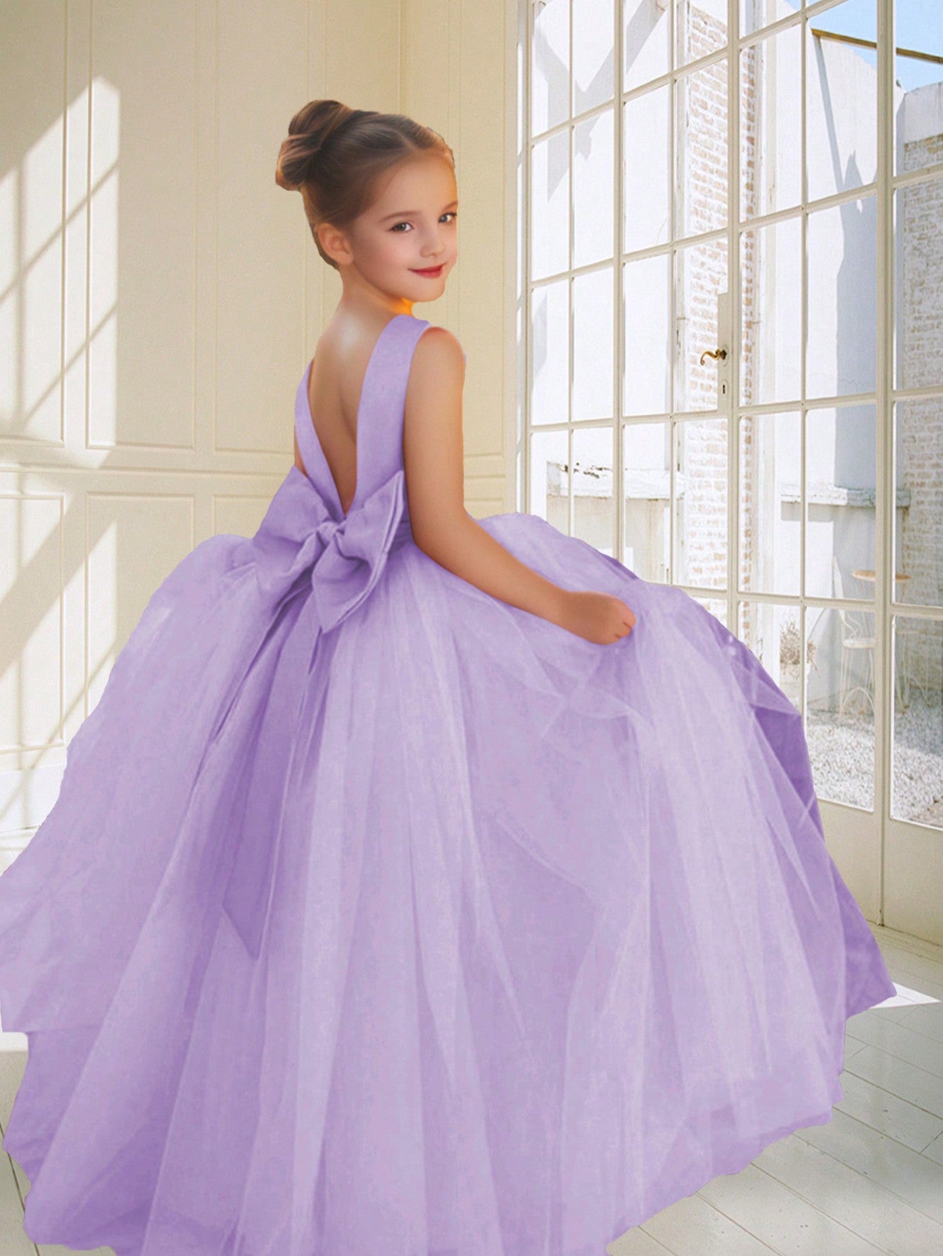 Tween Girl Elegant Bowknot Tulle Formal Dress, Suitable For Wedding And Evening Party