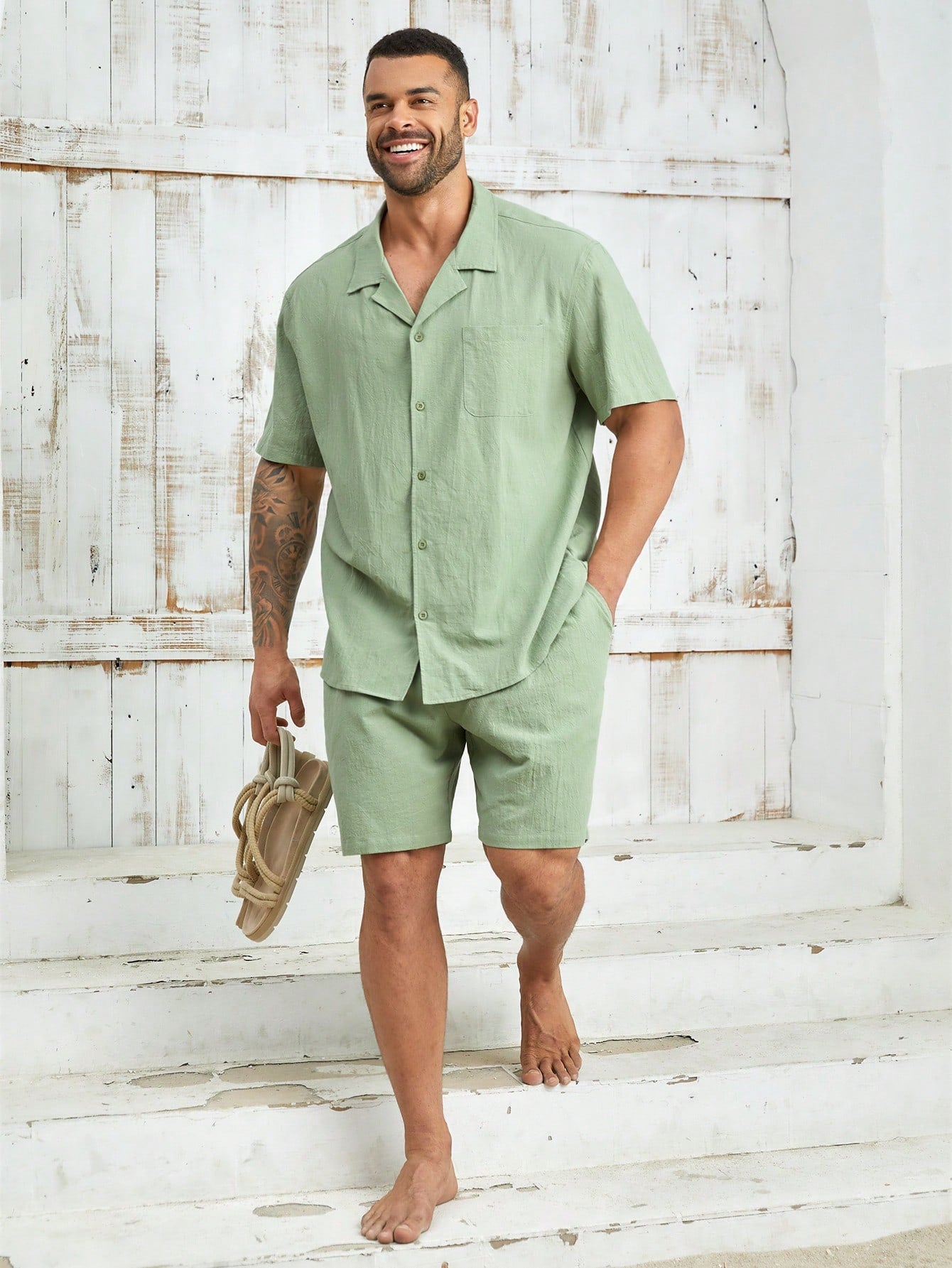 Men's Plus Size Solid Color Square Collar Short Sleeve Shirt And Shorts Casual Woven Outfit, Summer