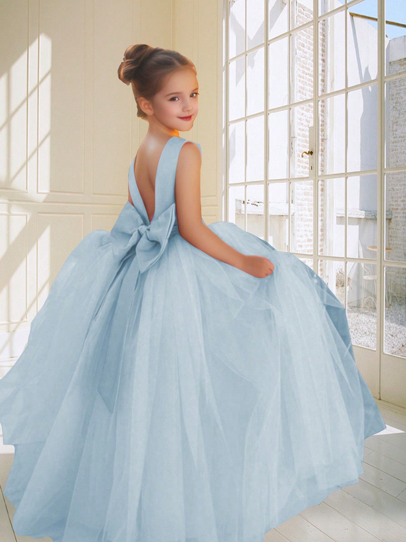 Tween Girl Elegant Bowknot Mesh Formal Dress, Suitable For Wedding And Prom