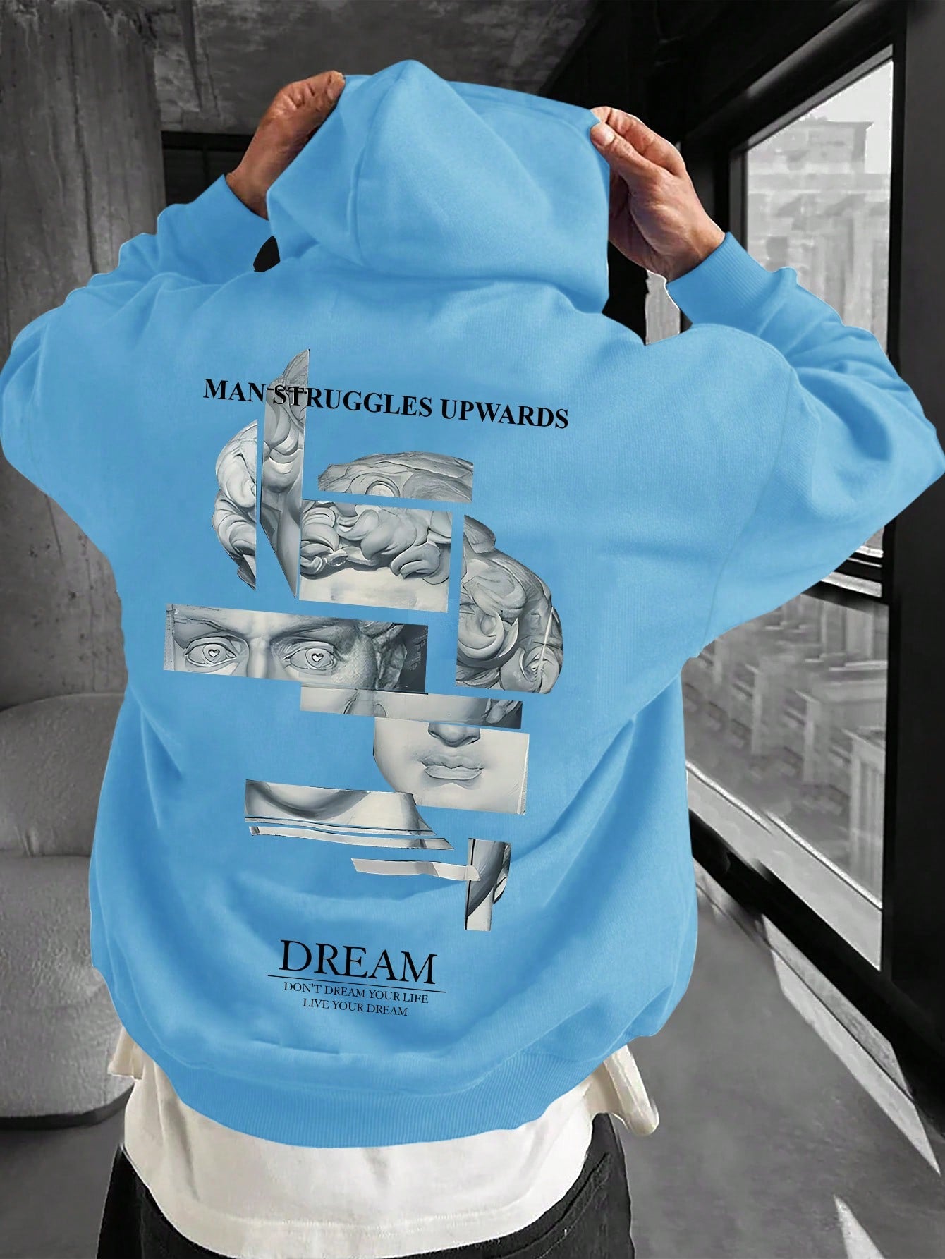 Loose Fit Men's Letter & Figure Printed Hoodie With Drop Shoulders And Adjustable Drawstring