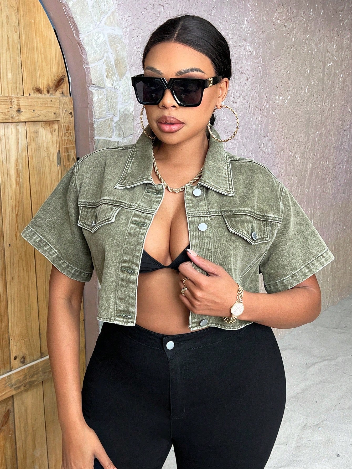 Women's Plus Size Short Sleeve Cropped Denim Jacket, Spring/Summer, Green, Perfect For Music Festivals And Country Concerts, Cute Summer Top