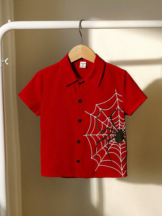 Young Boy Joint Leisure Turn-Down Collar Spider Pattern Short-Sleeved Simple Shirt