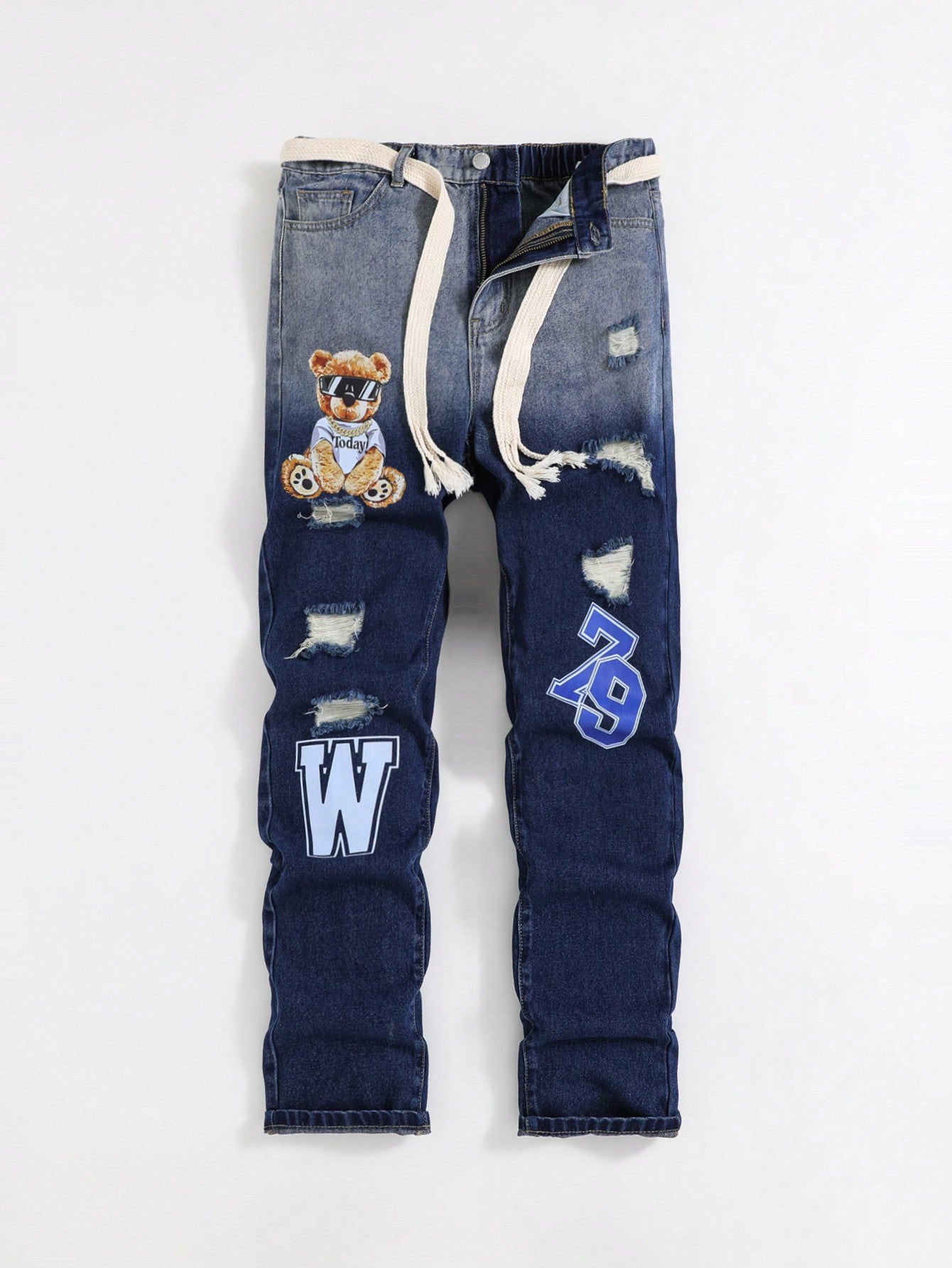 Teen Boy Ripped Frayed Straight Leg Blue Denim Jeans With Cartoon Bear And Letter Printed, For Spring And Summer Outfits