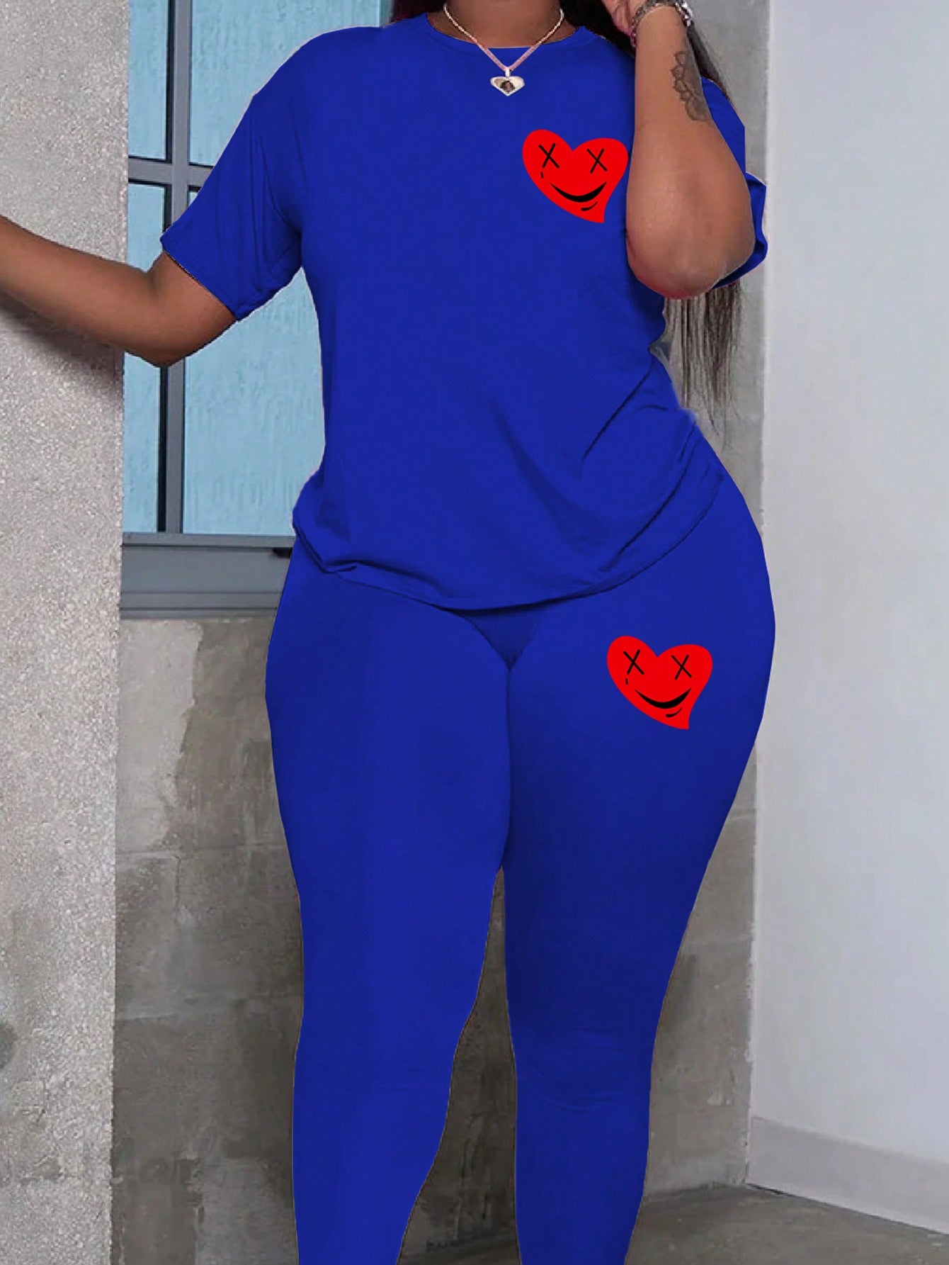 Women's Plus Size Heart Pattern Sporty Casual Two-Piece Set