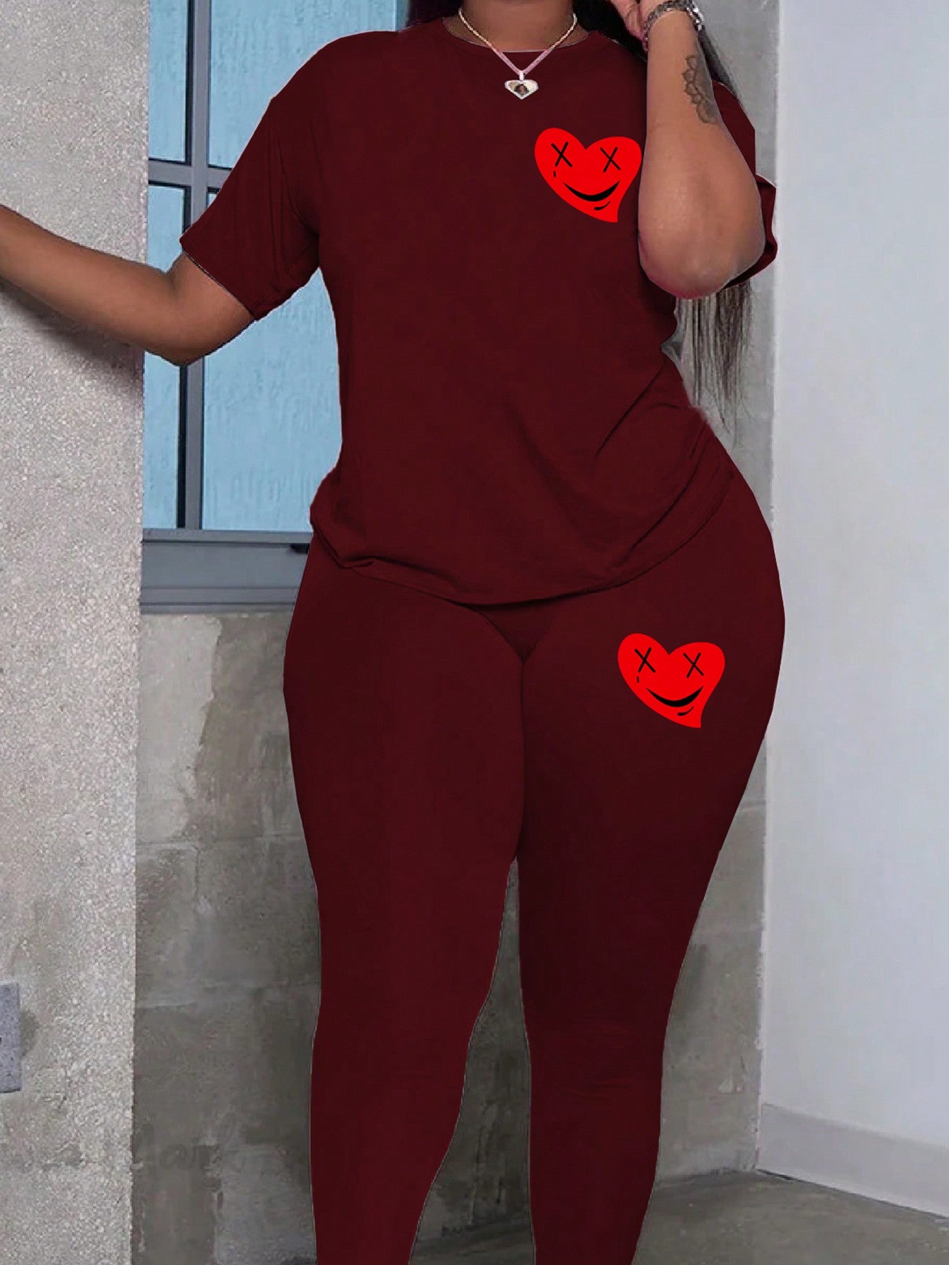 Women's Plus Size Heart Pattern Sporty Casual Two-Piece Set