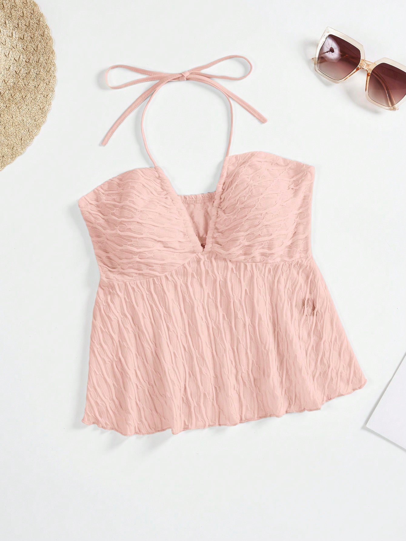 Solid Texture Halter Neck Camisole Top With Ruffle Hem