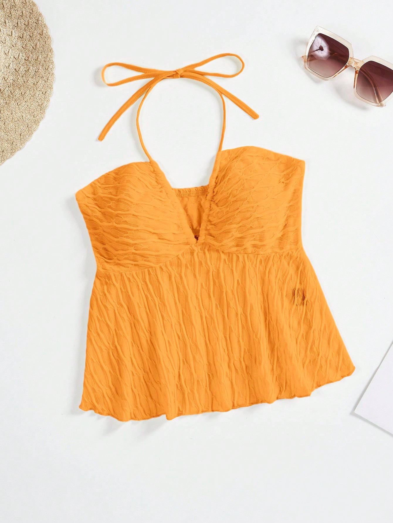 Solid Texture Halter Neck Camisole Top With Ruffle Hem