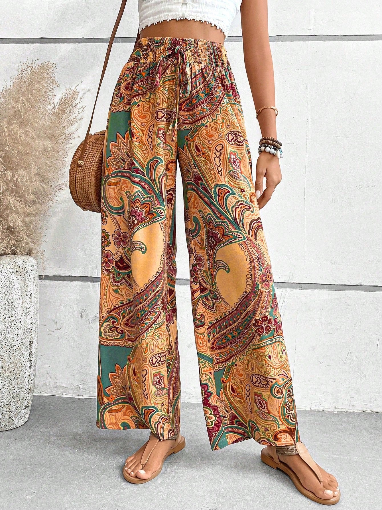 Women's Paisley Print Shirred Waist Tie Long Pants