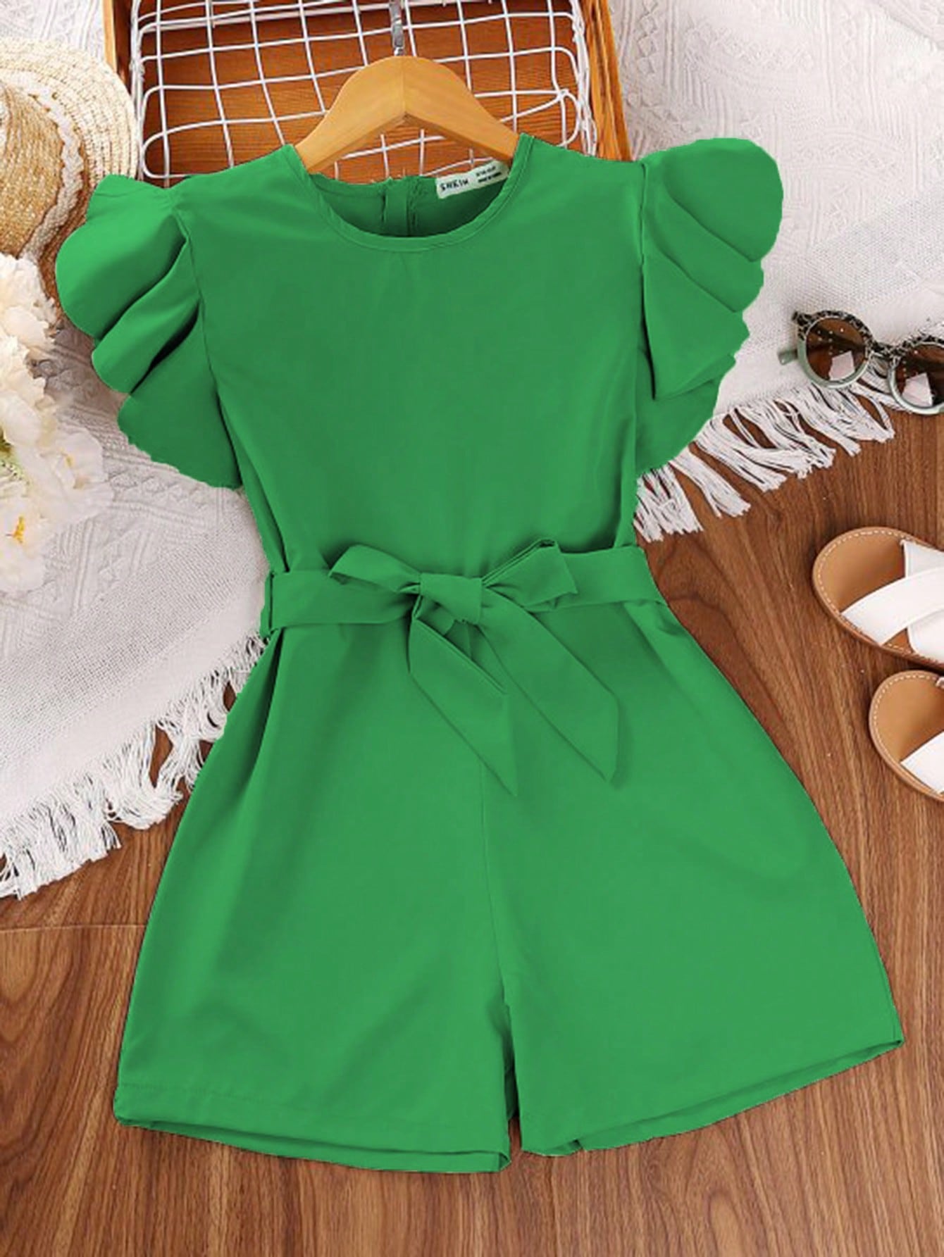 Tween Girl Round Neck Sleeveless Short Jumpsuit With Ruffle Hem And Waist Belt, Summer Vacation