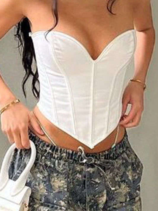 A Elegant White Seam Decor Lace-Up Back Backless Hanky Hem Overbust Corset Shapewear Party Clubwear Crop Tube Top Valentine Outfit