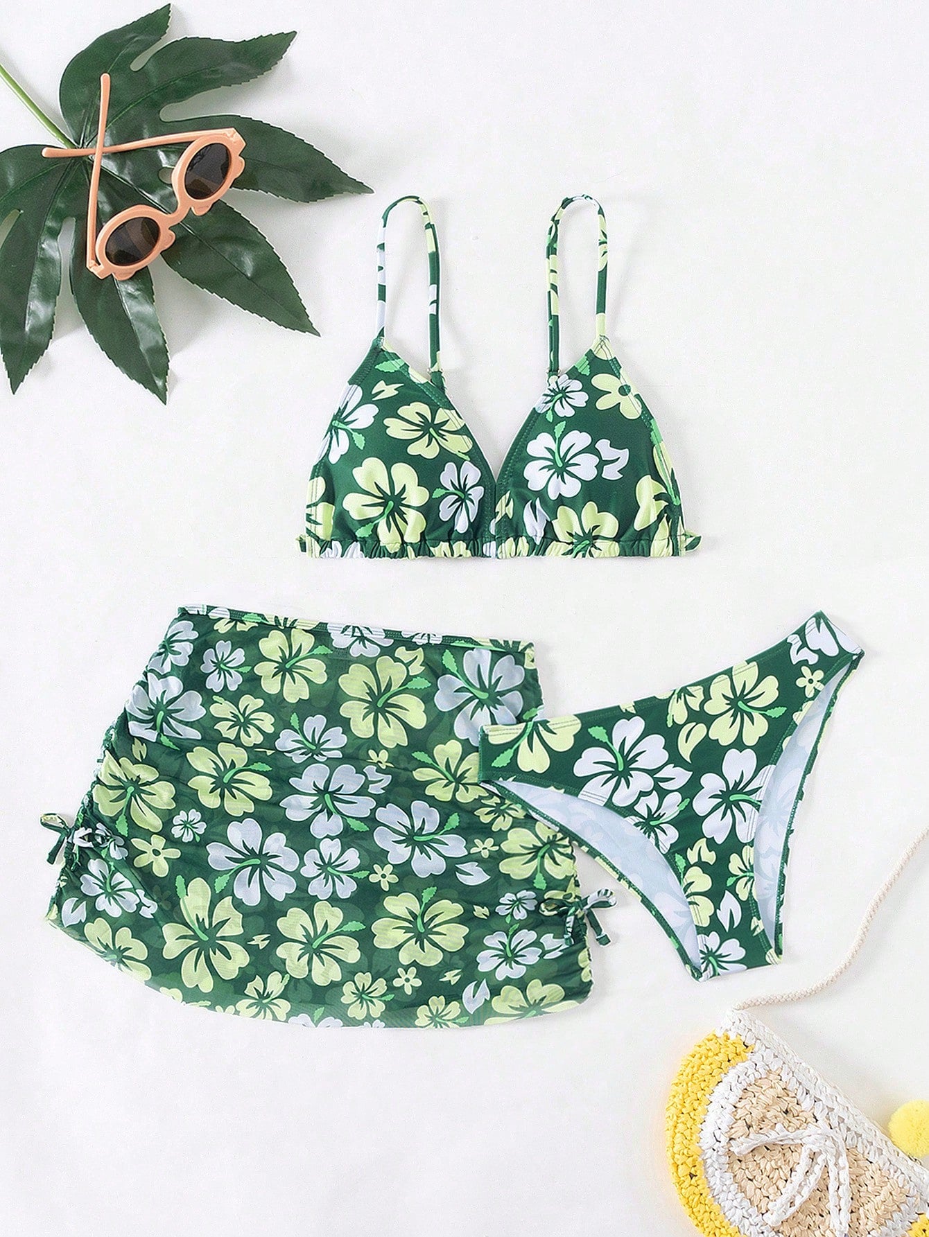 Tween Girl Floral Print Bikini Set & Ruched Beach Skirt Summer Beach