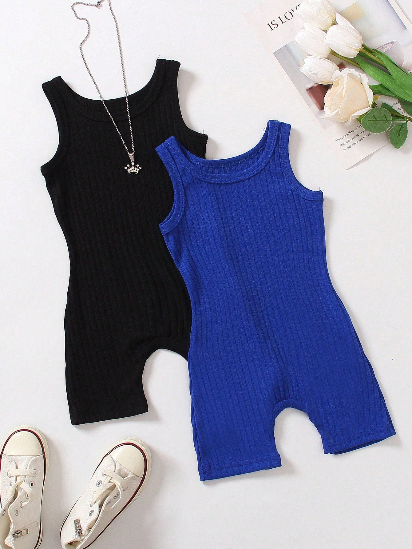 Young Girl 2pcs Ribbed Unitard Romper