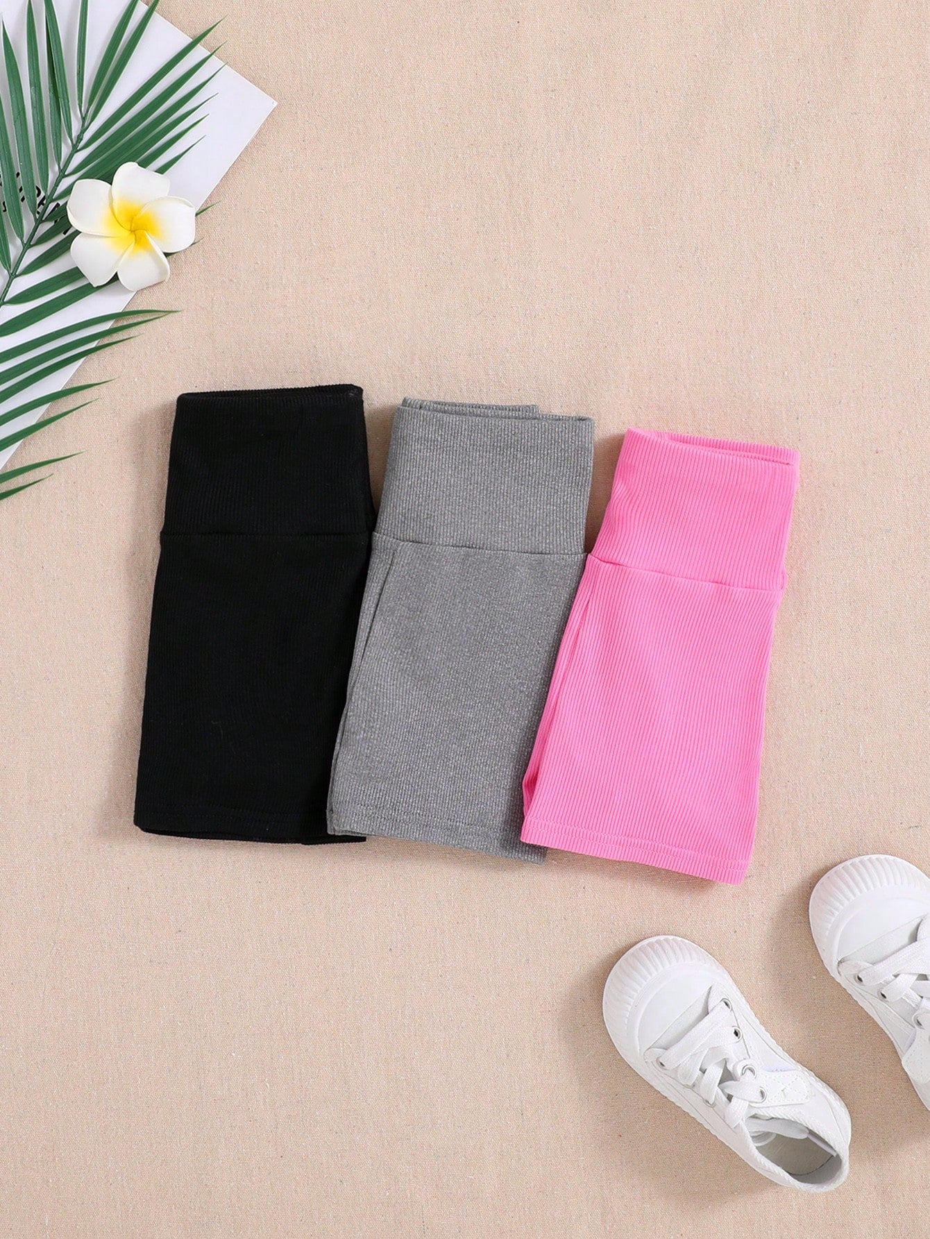 Young Girl Cool & Sporty Knit Solid Color High-Waisted Shorts Set, Spring/Summer (3pcs)