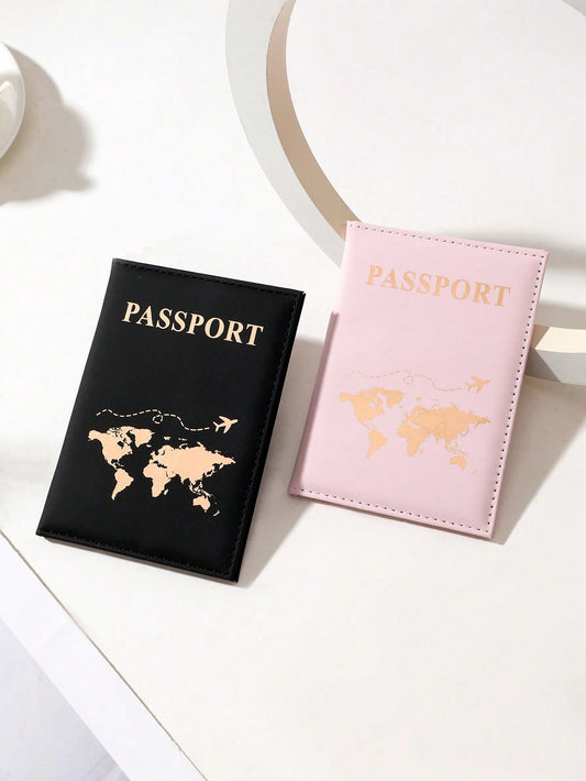 2pcs/Set Summer Must-Have Kids Passport & Id Card Cover With Pu Material, Gold Stamped Letters & Map&Amp;Minimalist Design, For Travel Accessories