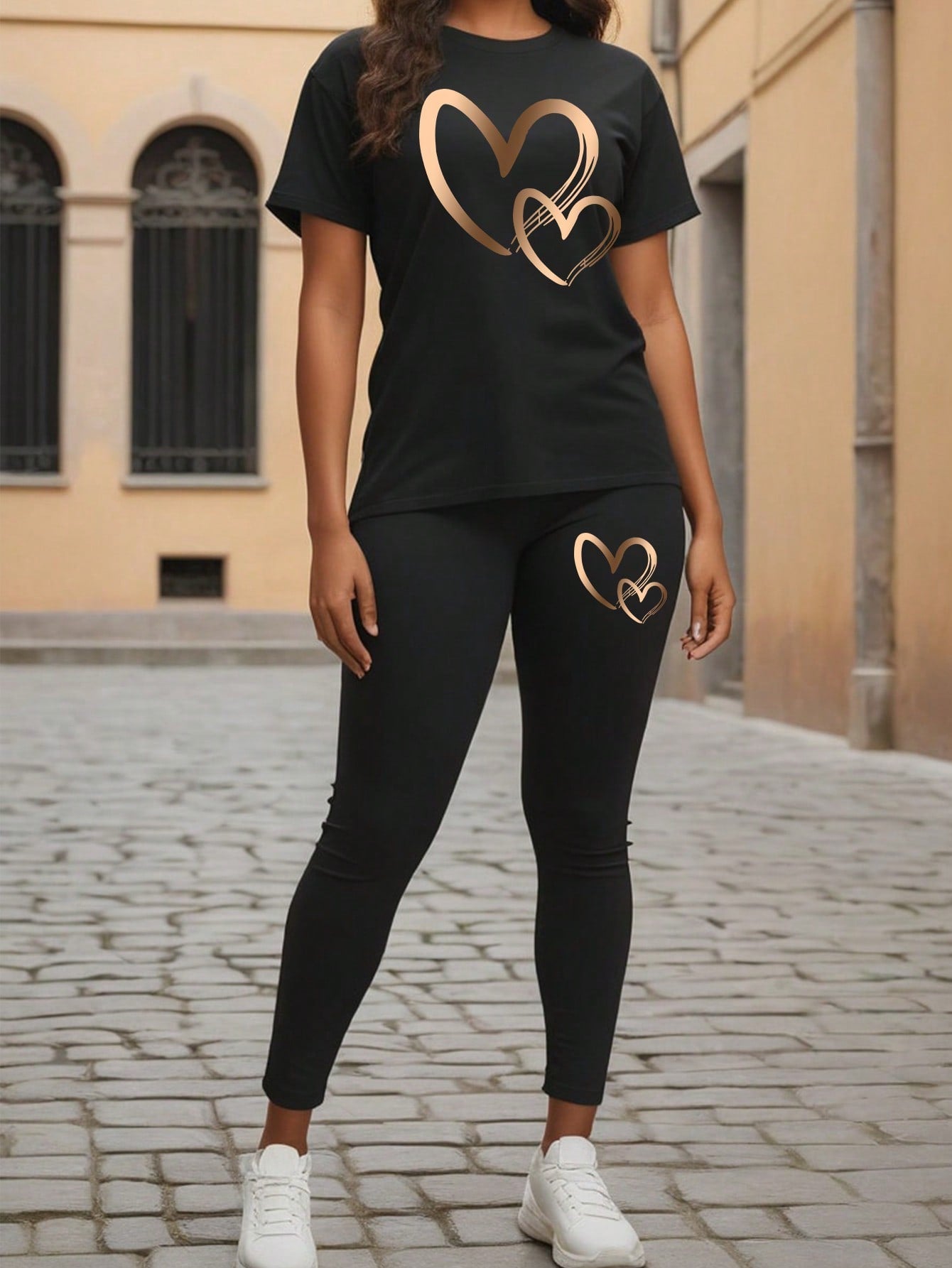 Ladies' Heart Print Short Sleeve T-Shirt And Pants Set