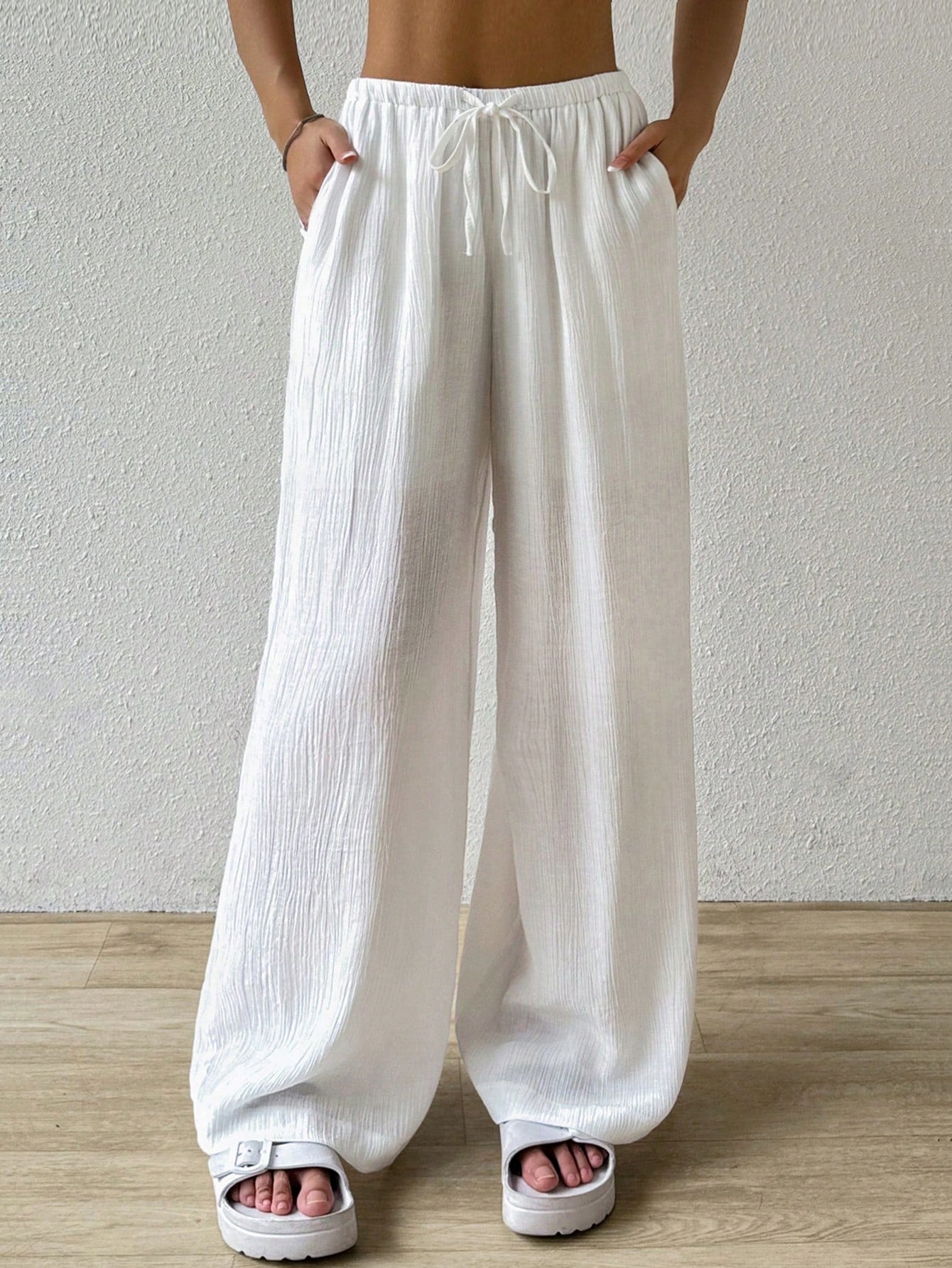 Women's Casual Solid Color Drawstring Wide Leg Pants