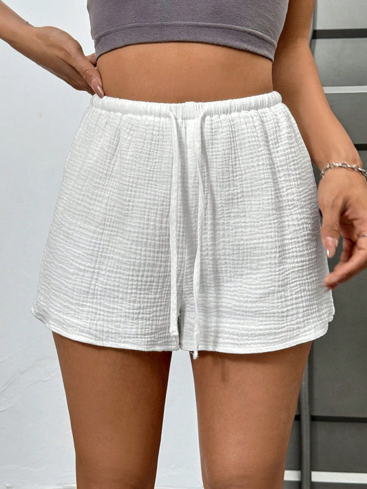 Cotton Solid Color Drawstring Waist Loose Texture White Shorts