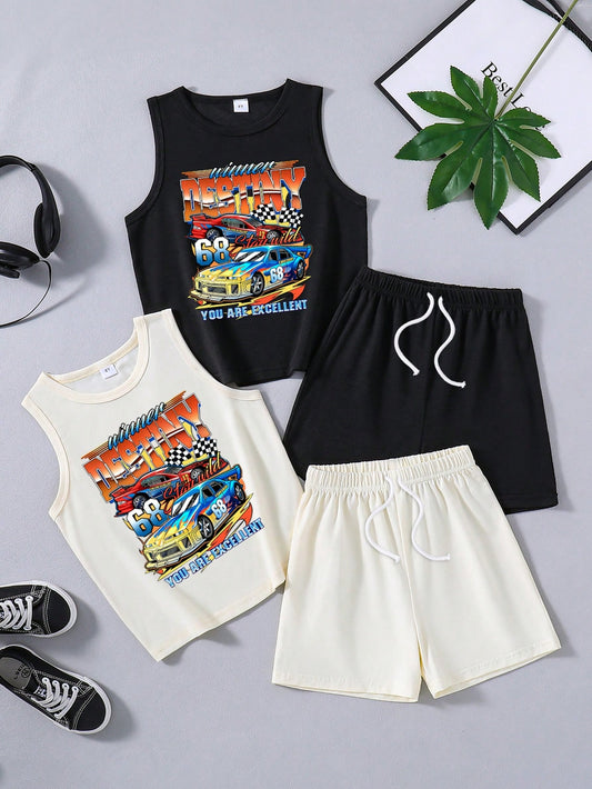 2pcs/Set Young Boy Race Car & Letter Print Vest And Solid Drawstring Waist Shorts