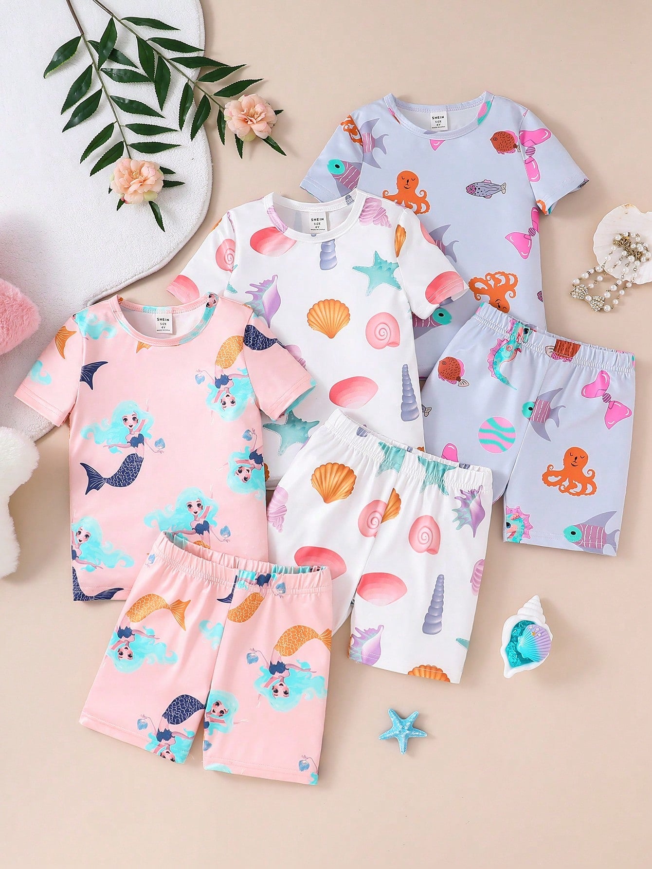 Young Girl Beach Oceanic Allover Print Short Sleeve T-Shirt And Shorts Set, 6pcs Snug Fit Home Outfit