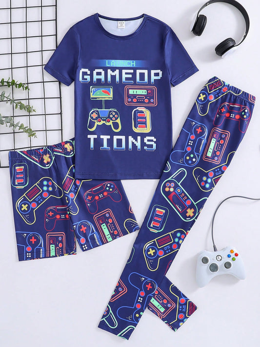 3pcs/Set Tween Boy Game Element Printed Round Neck T-Shirt, Shorts And Long Pants Combination, Casual Tight-Fitting Home Clothes