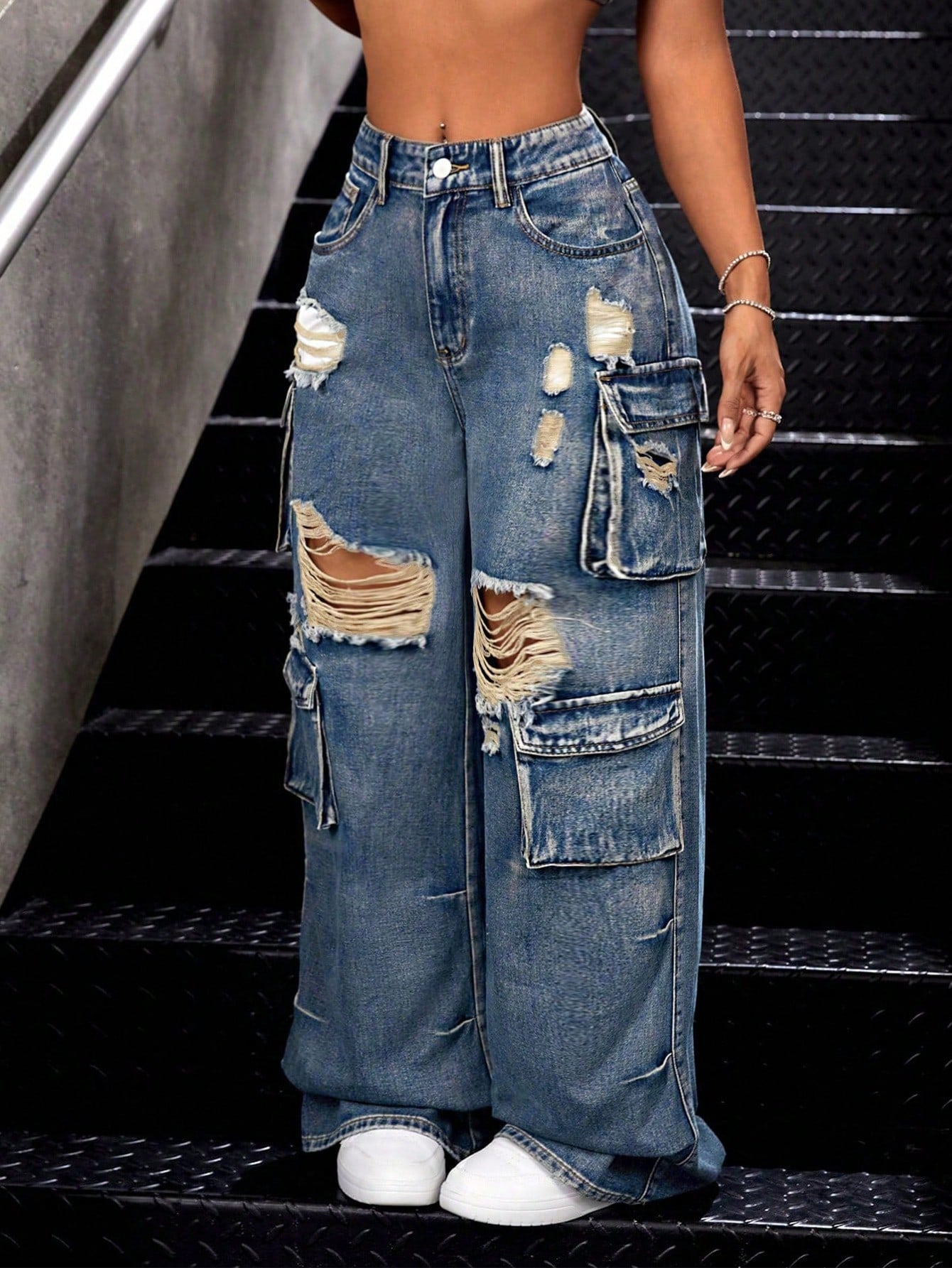 Women\ Hole Ripped Baggy Wide-Leg Casual Denim Jeans With Pockets