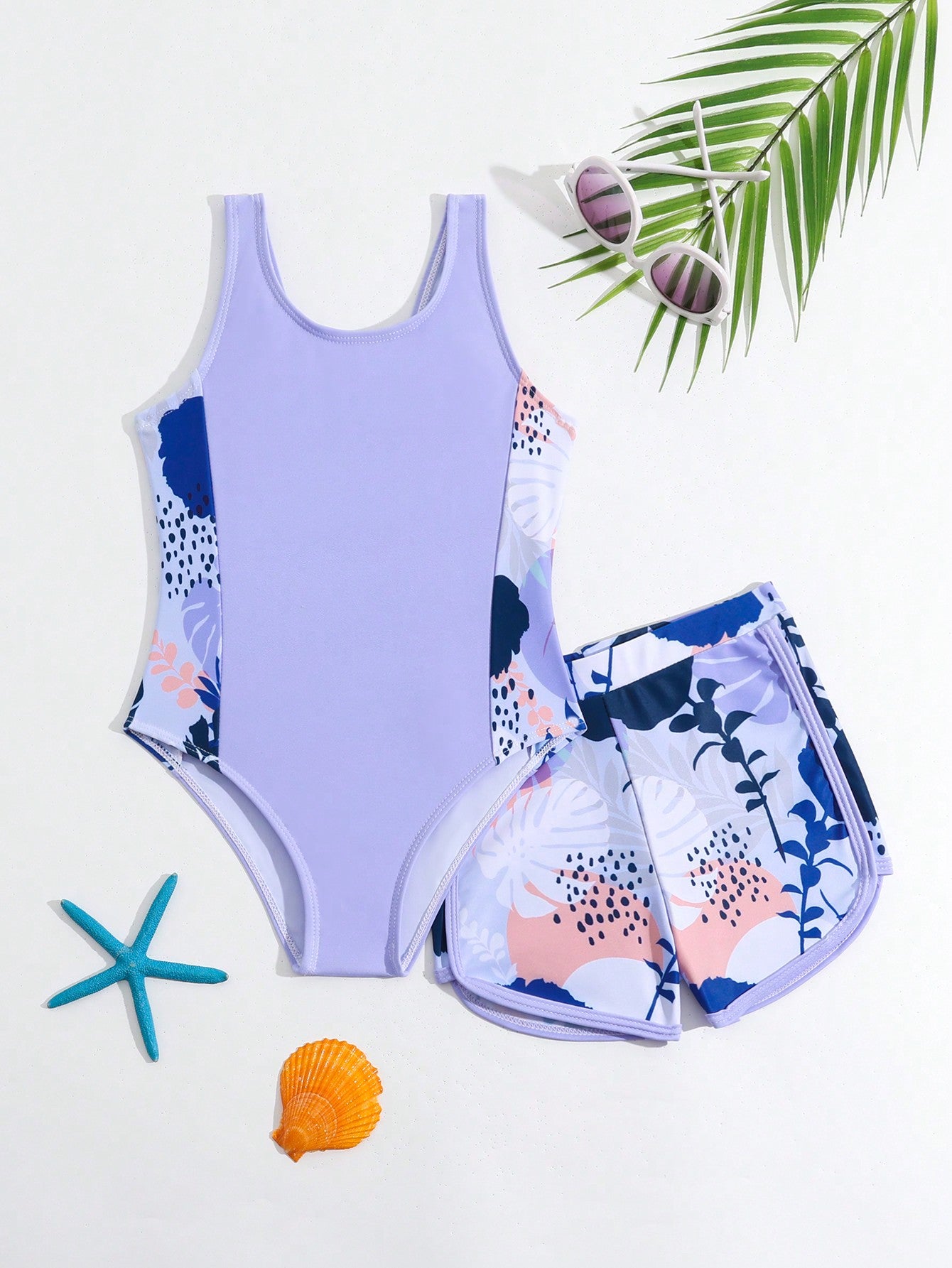 Young Girls' Tropical Print One-Piece Swimsuit With Swimming Trunks 2pcs/Set