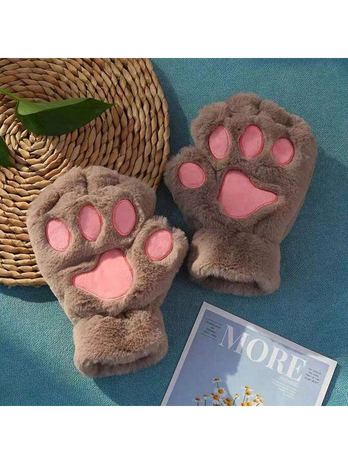 Winter Cute Cartoon Cat Girl Fingerless Cat Paw Warm Gloves Thickened Plush Bear Paw Half Finger Gloves 1 Pair