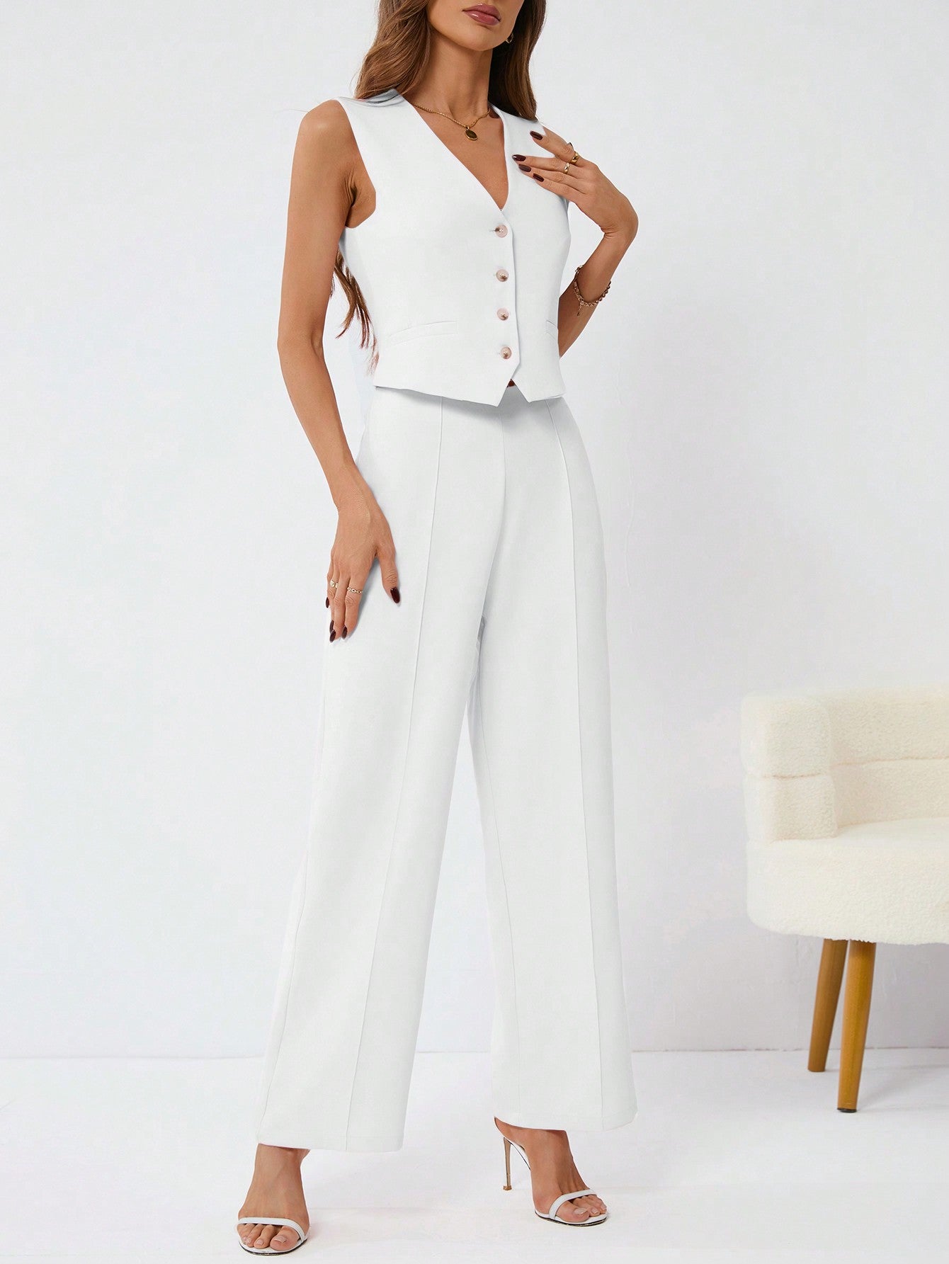 Women'S Solid Color Button Up Suit Vest With Straight Leg Pants 2pcs/Set