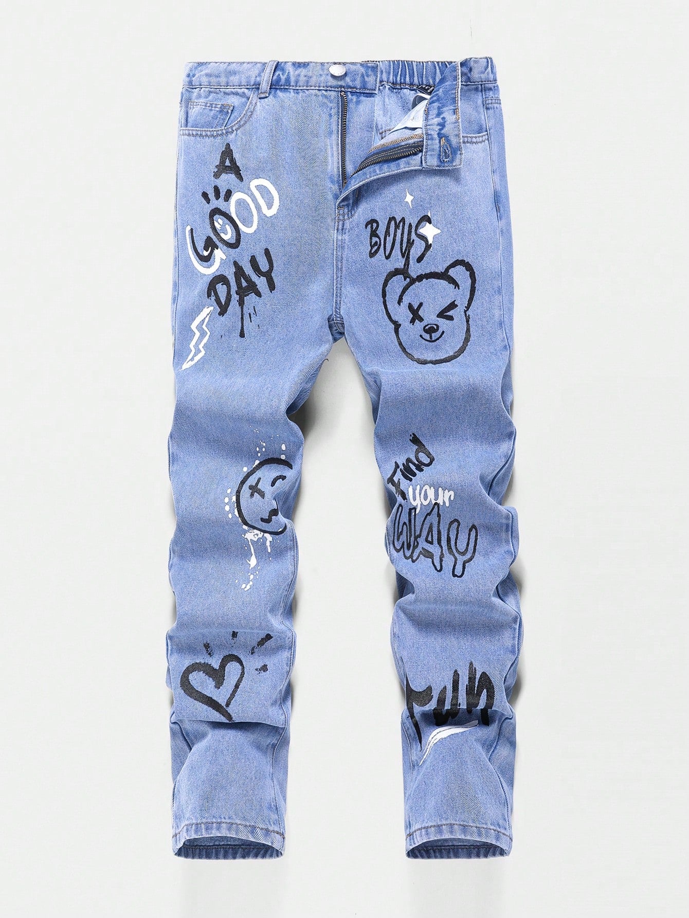 Teen Boys' Cartoon Bear Straight Leg Washed Blue Denim Jeans With Slogan And Face Printed , For Spring And Summer Teen Boy Outfits