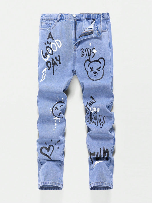 Teen Boys' Cartoon Bear Straight Leg Washed Blue Denim Jeans With Slogan And Face Printed , For Spring And Summer Teen Boy Outfits