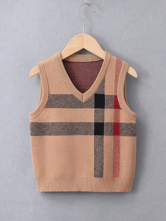 Young Boy Plaid V-Neck Sweater Vest