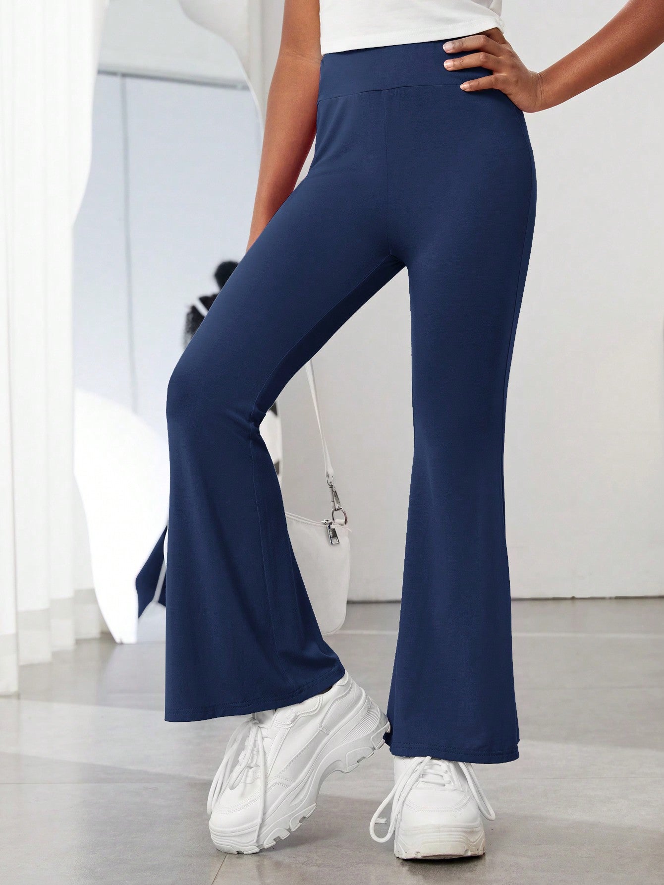 Tween Girl Solid Color Long High-Waisted Casual Pants, Flared Style