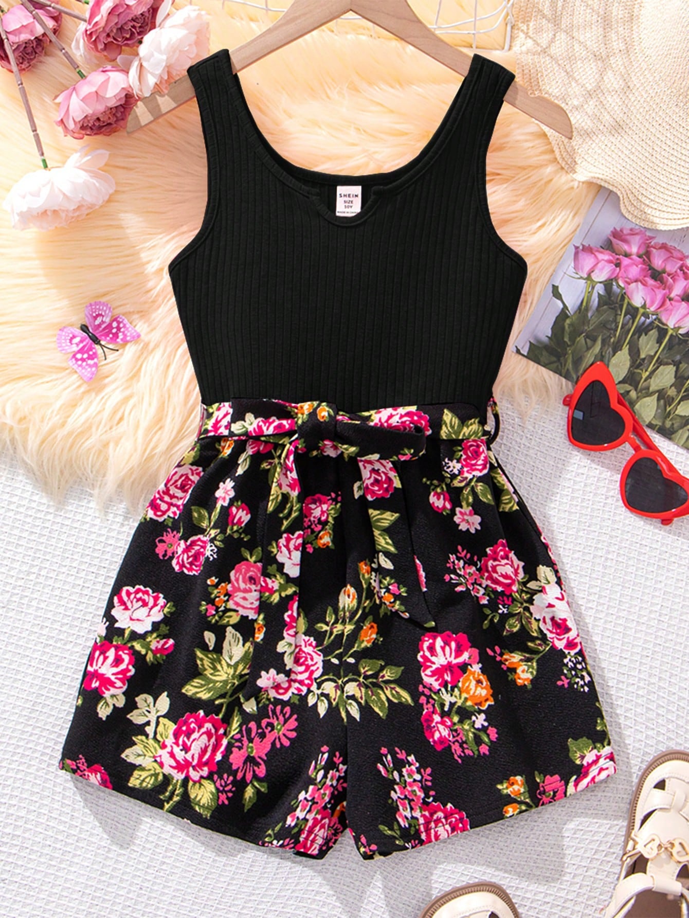 Tween Girl Knitted Monochrome Spaghetti Strap Jumpsuit With Flower Pattern Printing, Summer