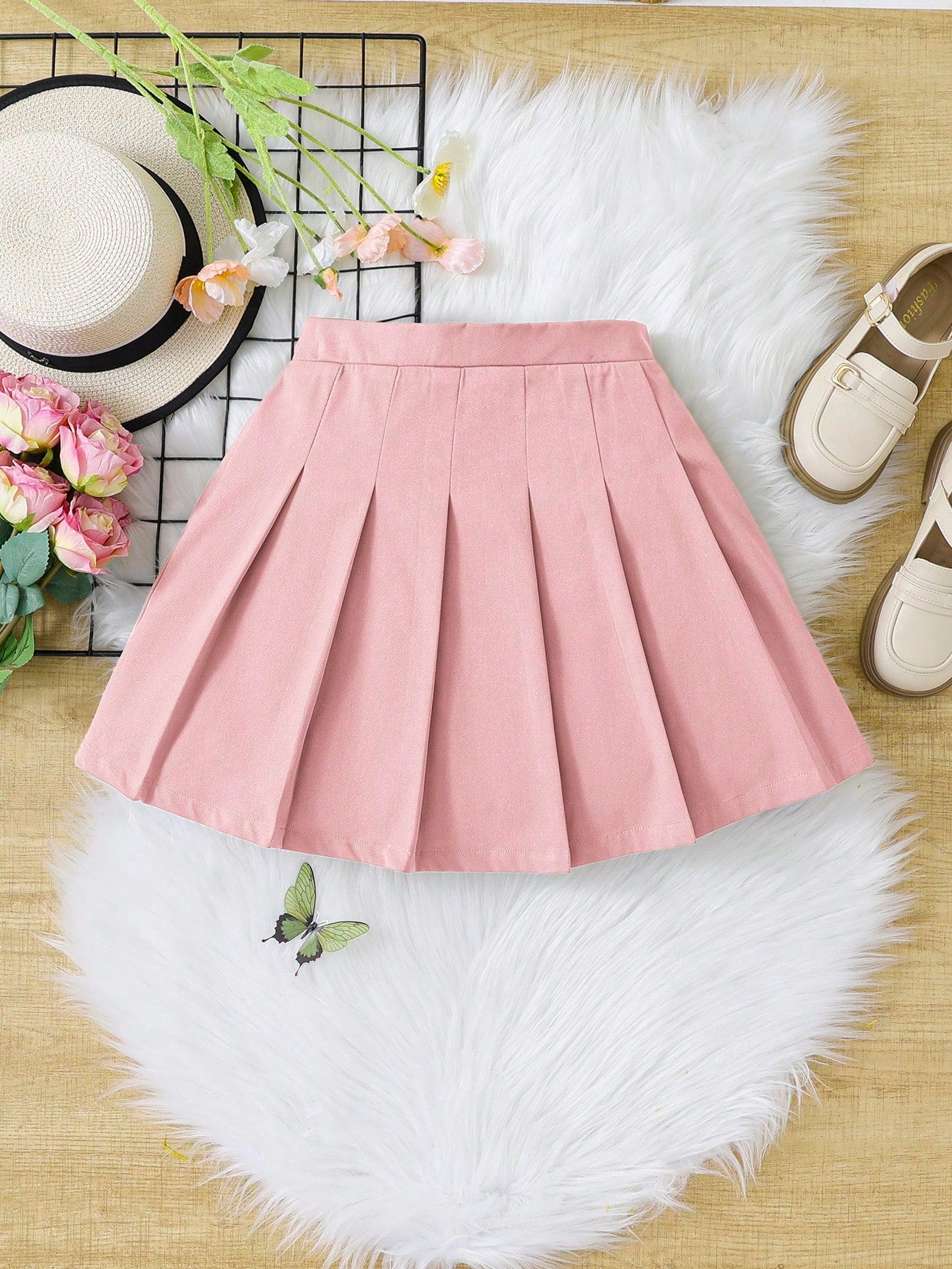 Tween Girl Sweet And Cool Style Solid Color Pleated Skirt With Woven Texture