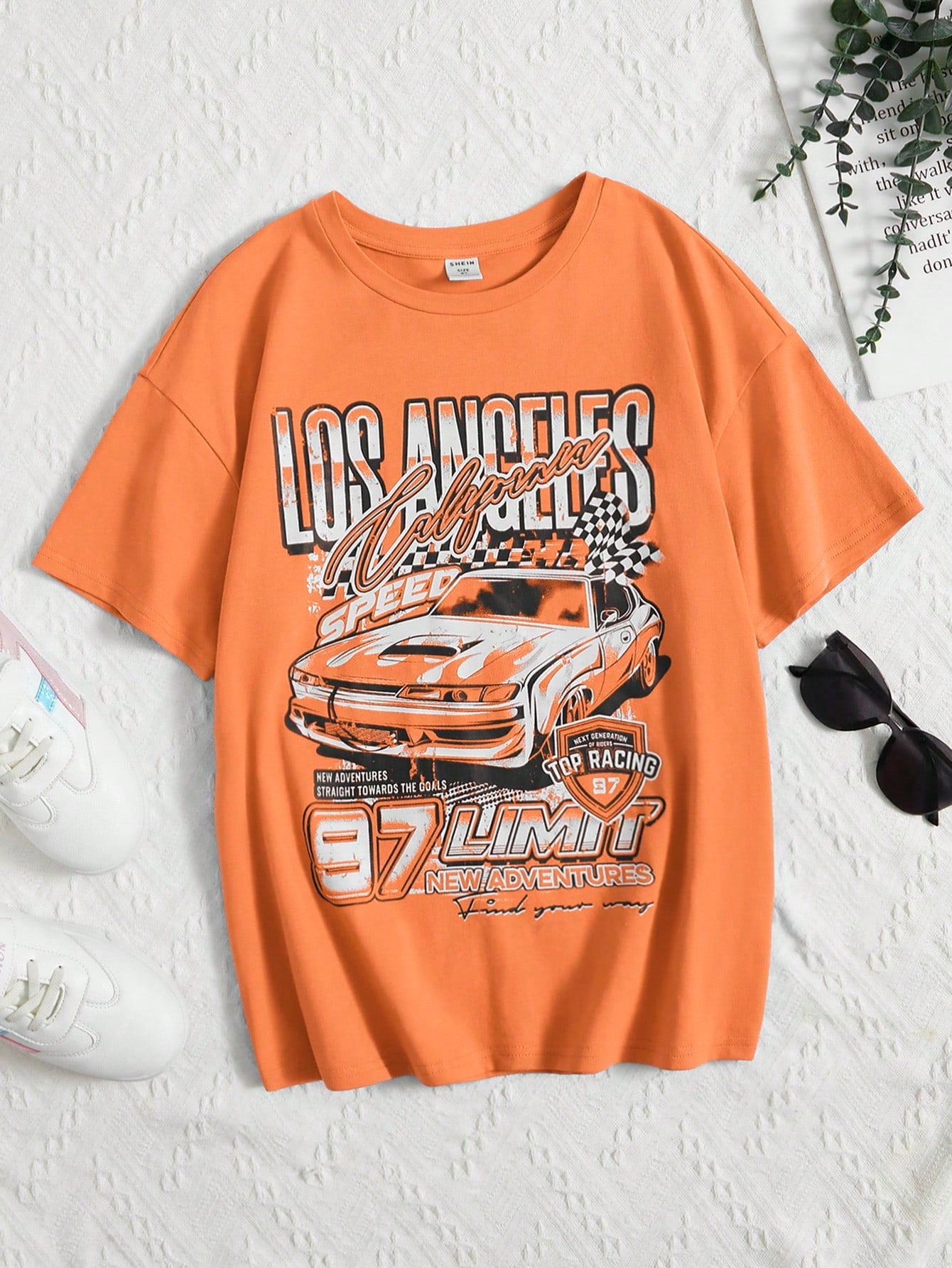 Tween Girl Loose Short Sleeve Car & Letter Print Drop Shoulder T-Shirt