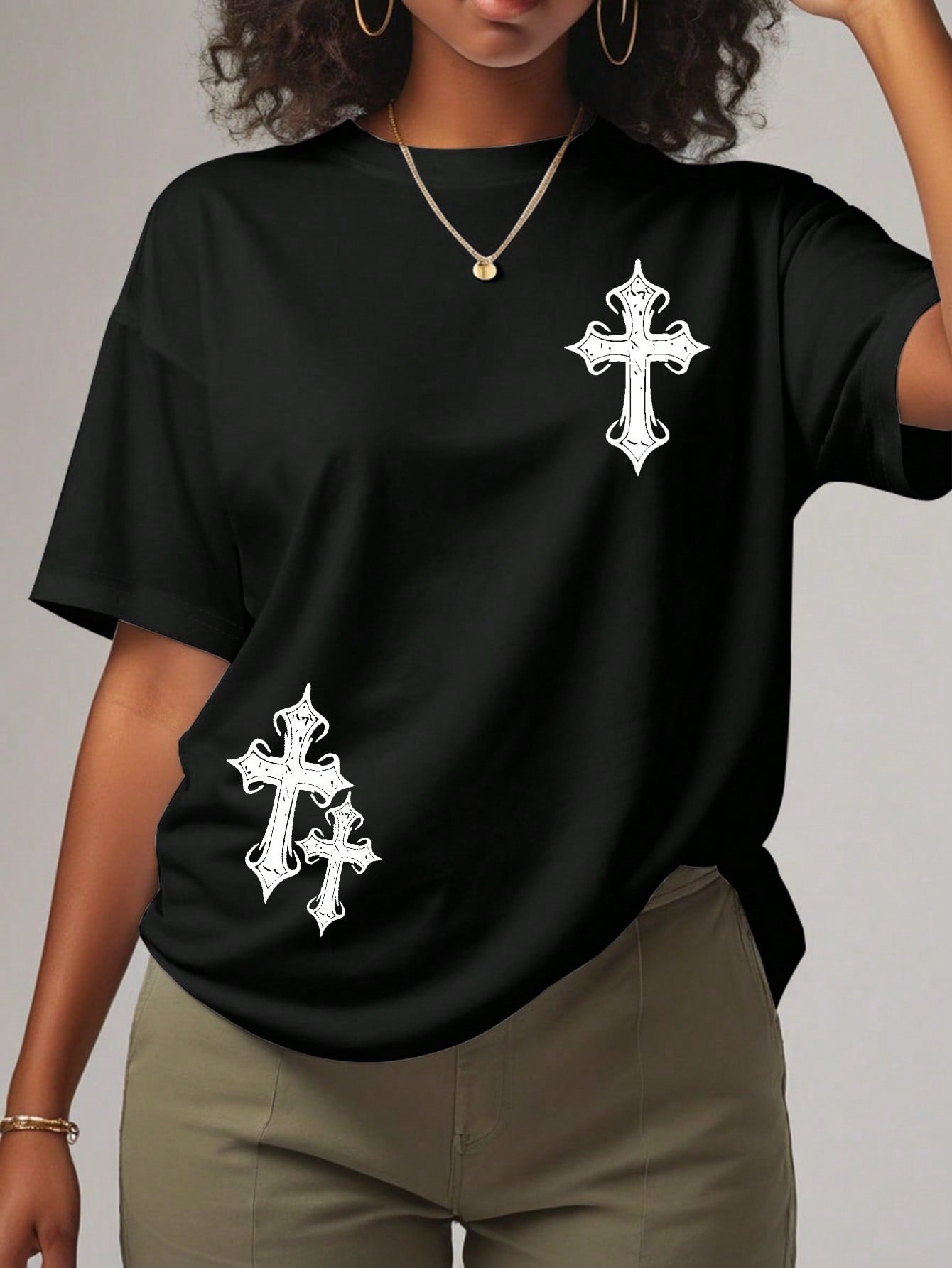 Plus Size Cross Print Round Neck T-Shirt